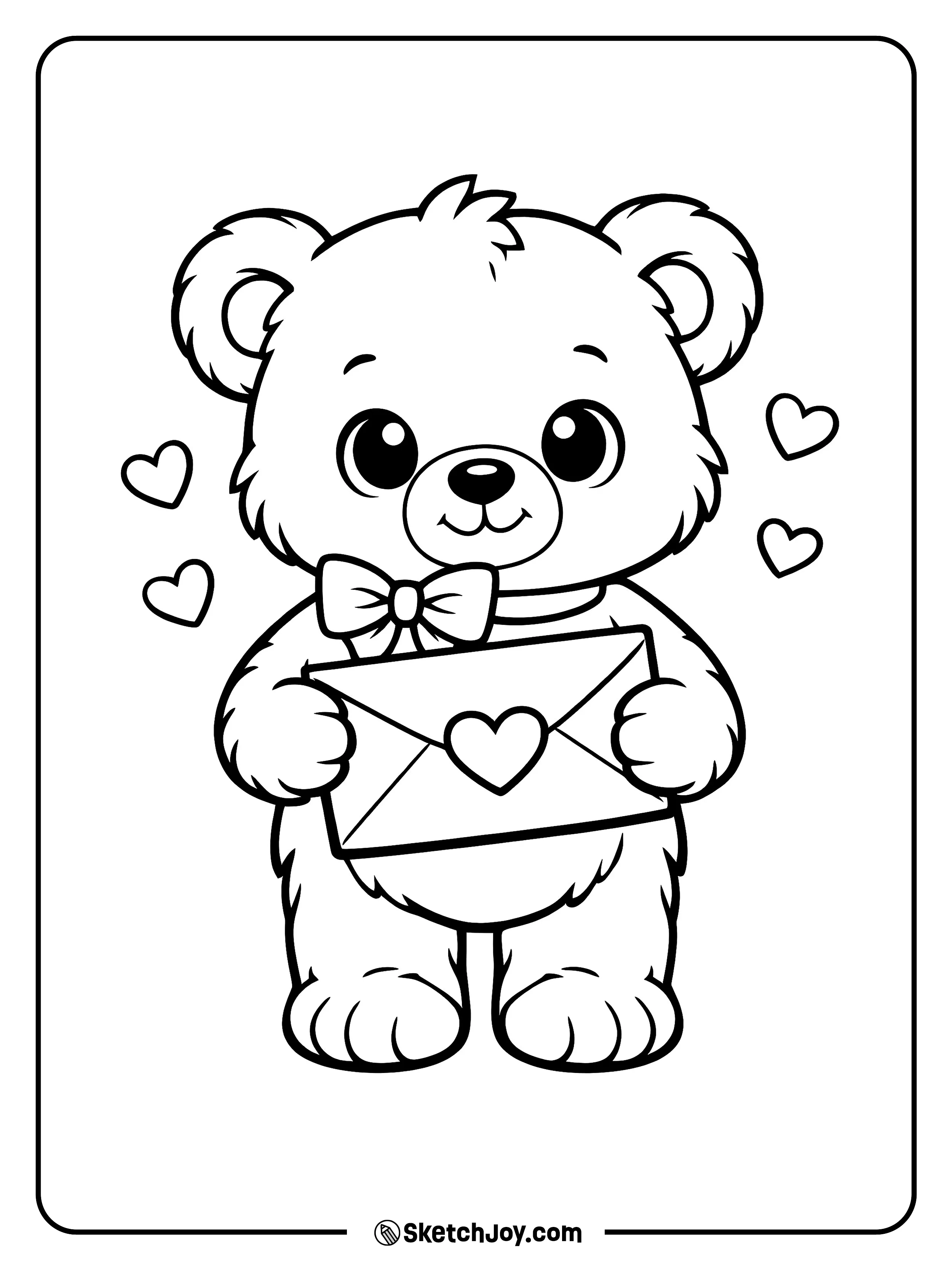 A sweet teddy bear holds a sealed love letter.