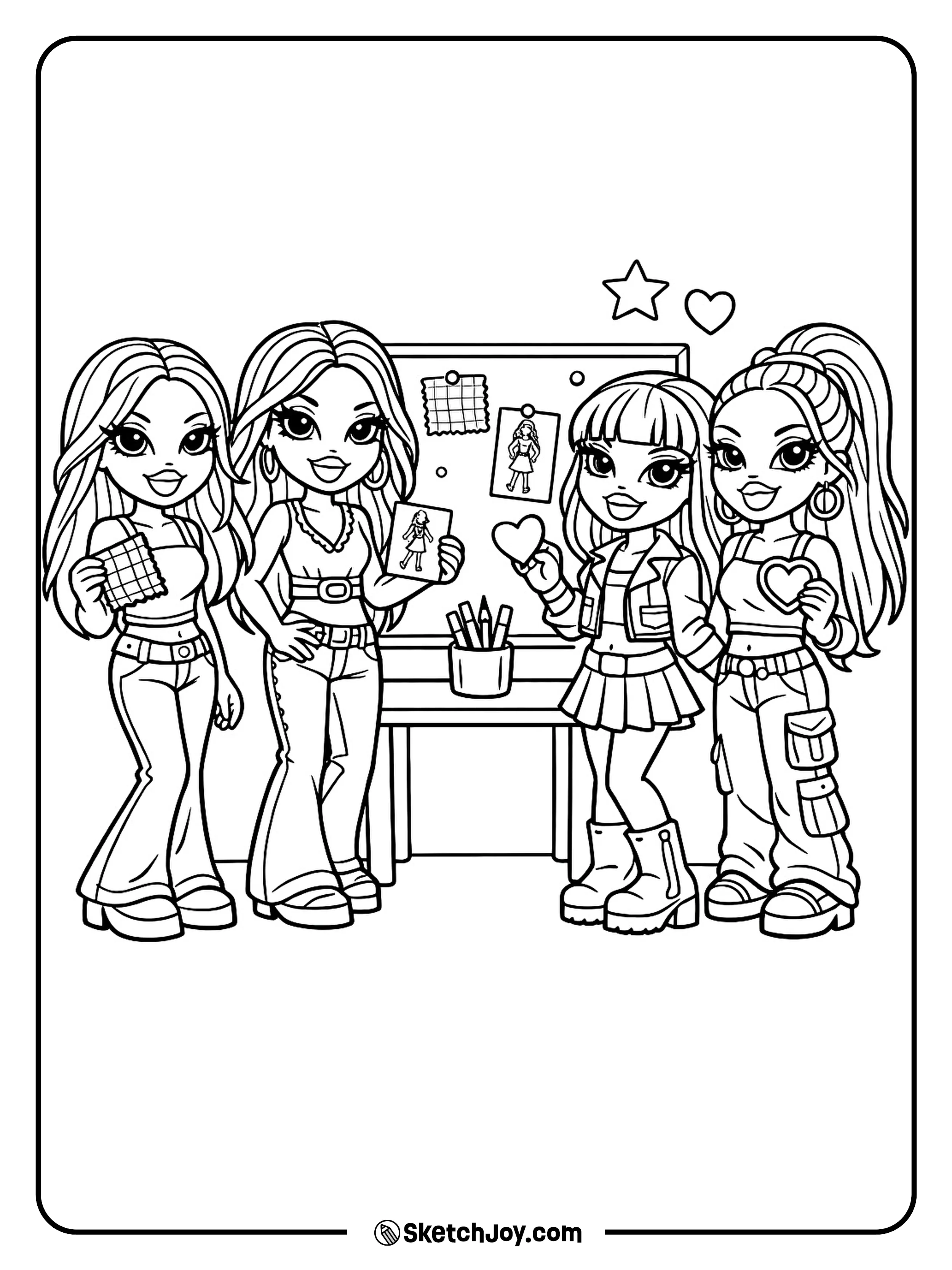 Cloe, Yasmin, Jade, and Sasha pin cute outfit ideas on a wall board together.