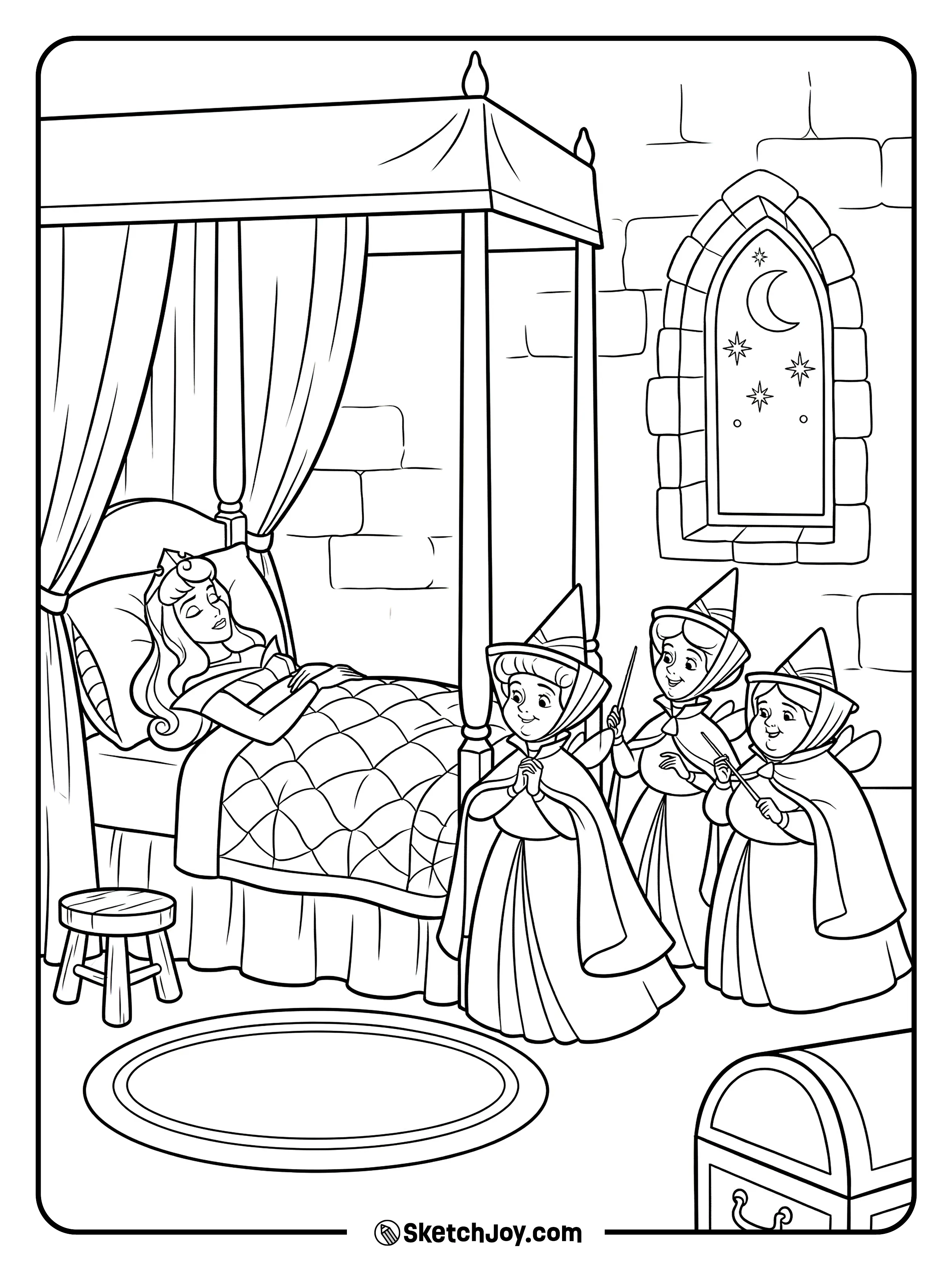 The three fairies stand near Aurora’s bed with calm faces.