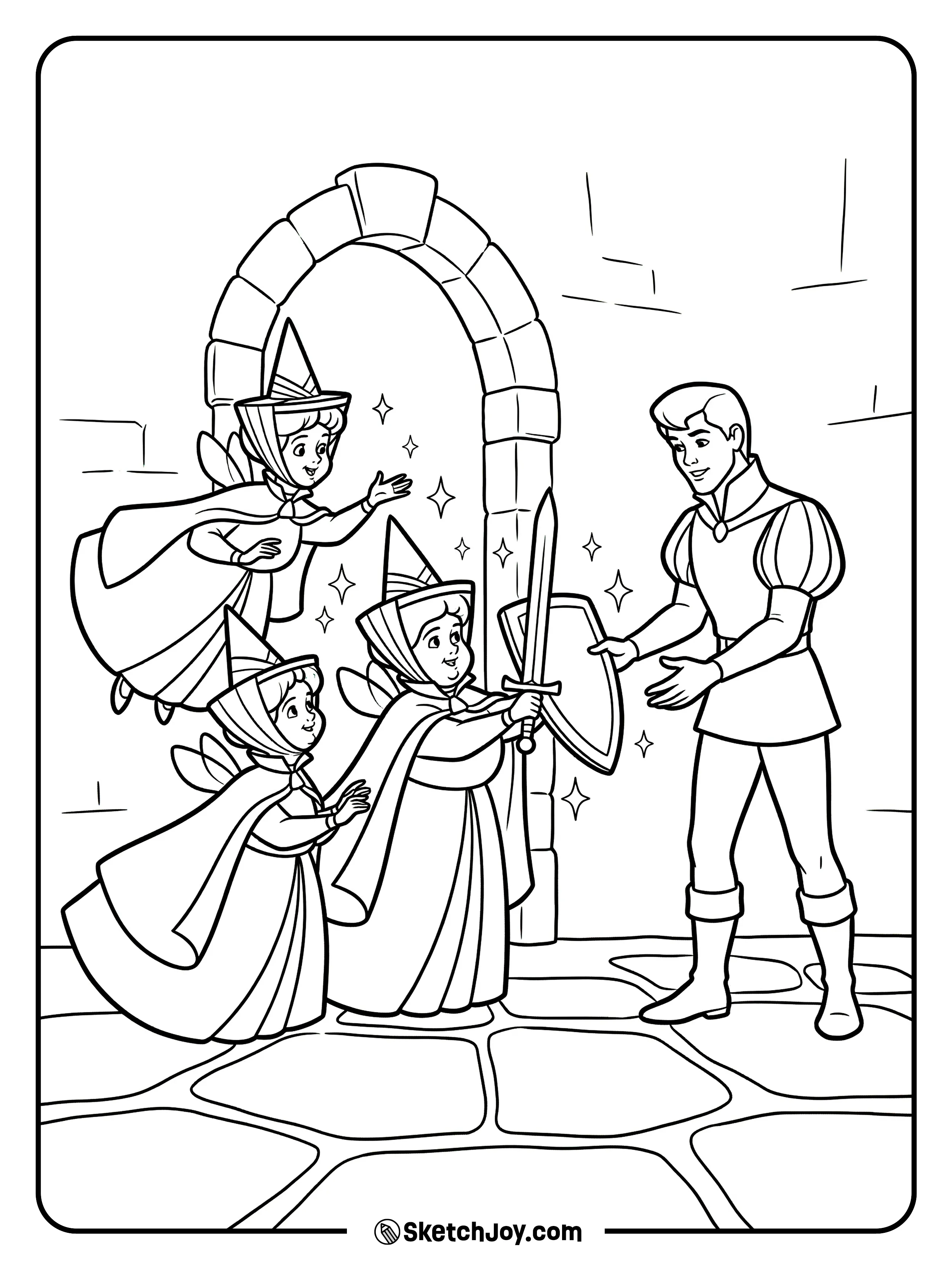 The fairies hand Phillip a sword and shield with proud smiles.