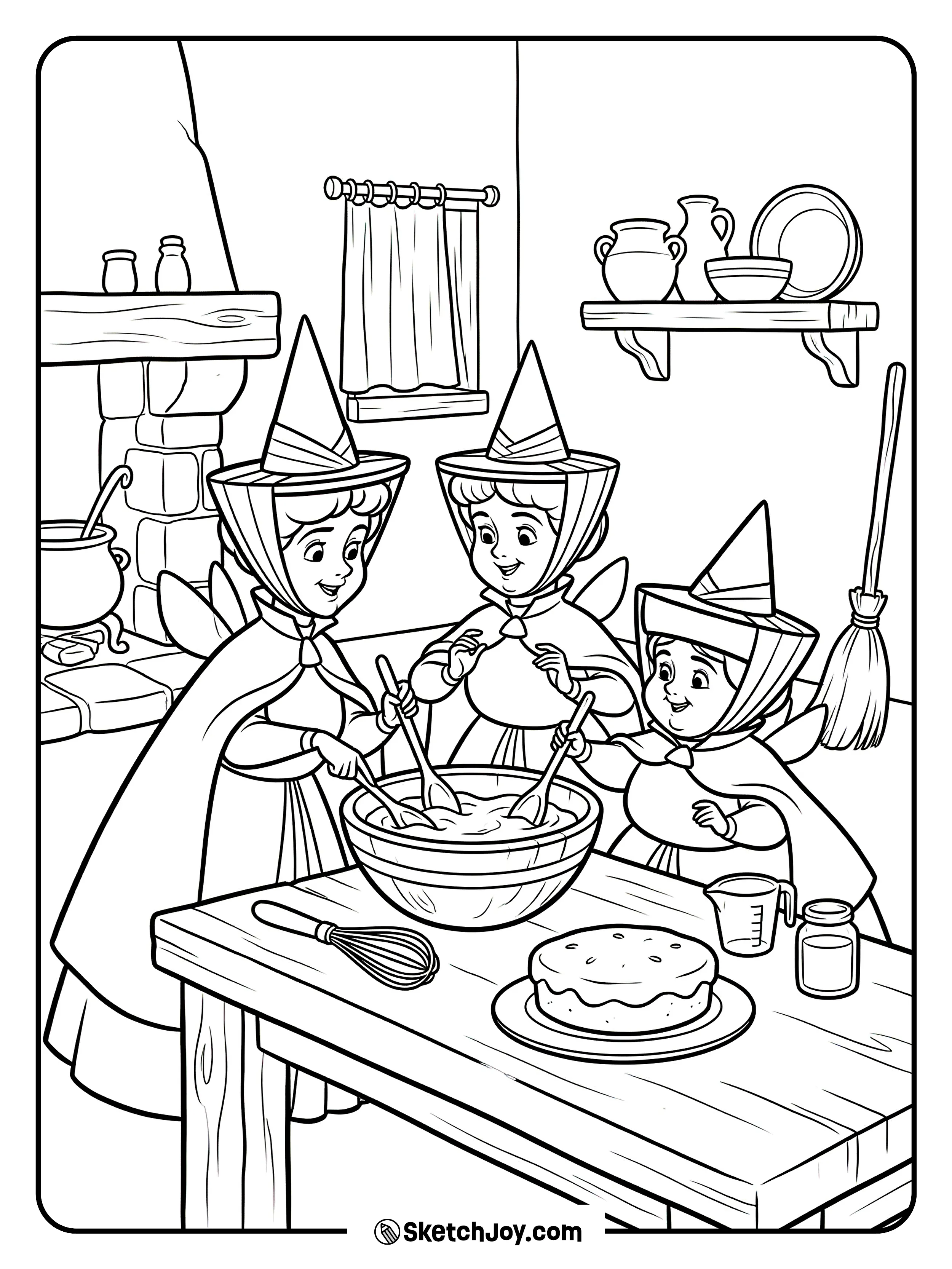 Flora, Fauna, and Merryweather bake a birthday cake together.