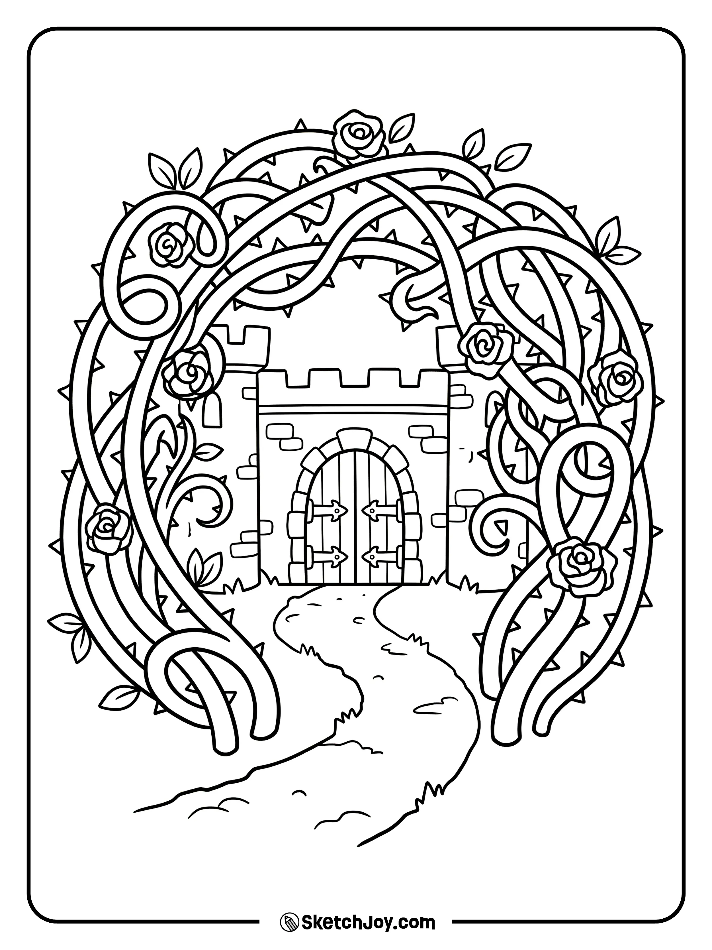 A thorn wall curls around the castle gate.