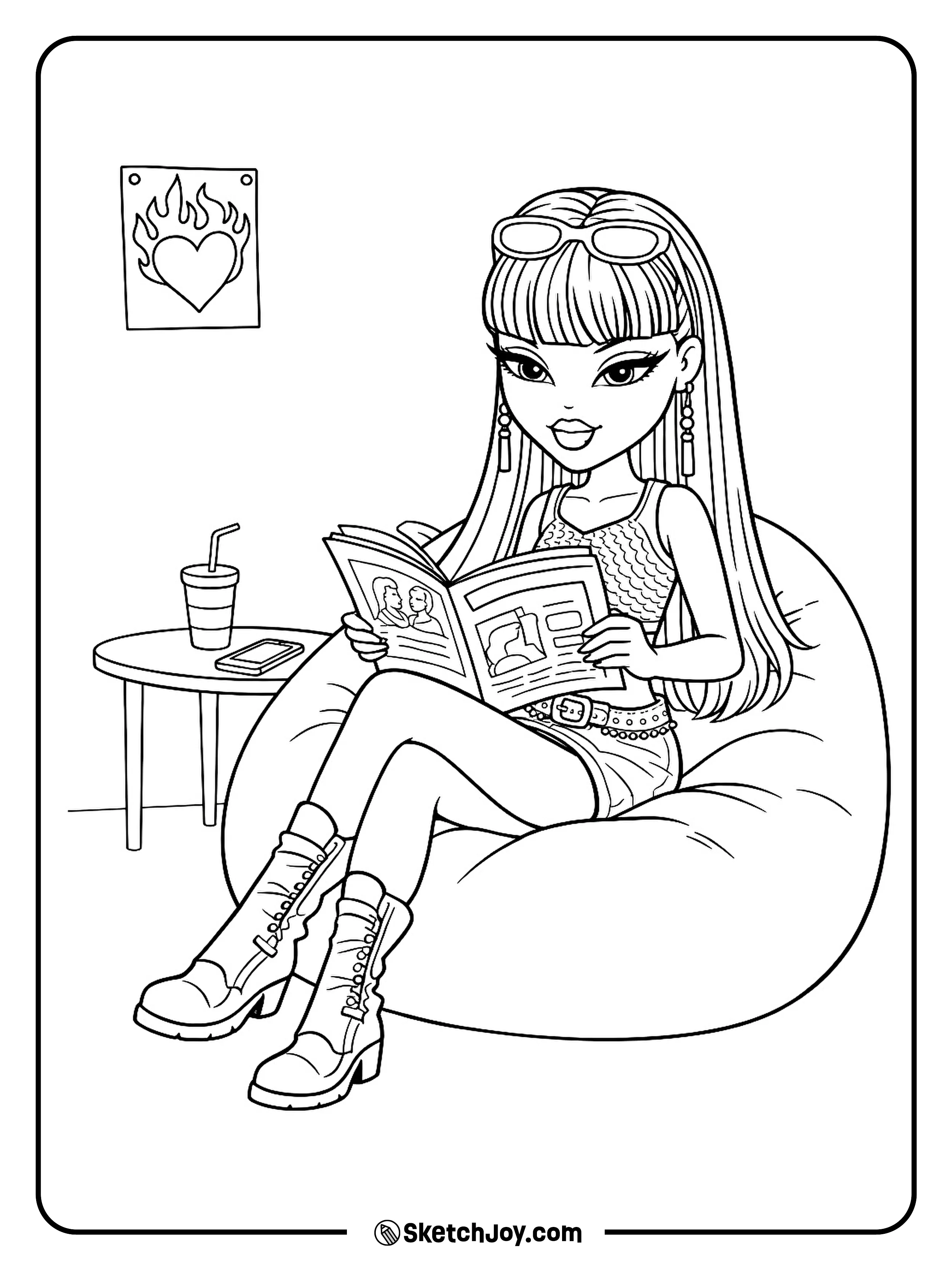 Tiana reads a magazine on a beanbag with a tiny poster on the wall.