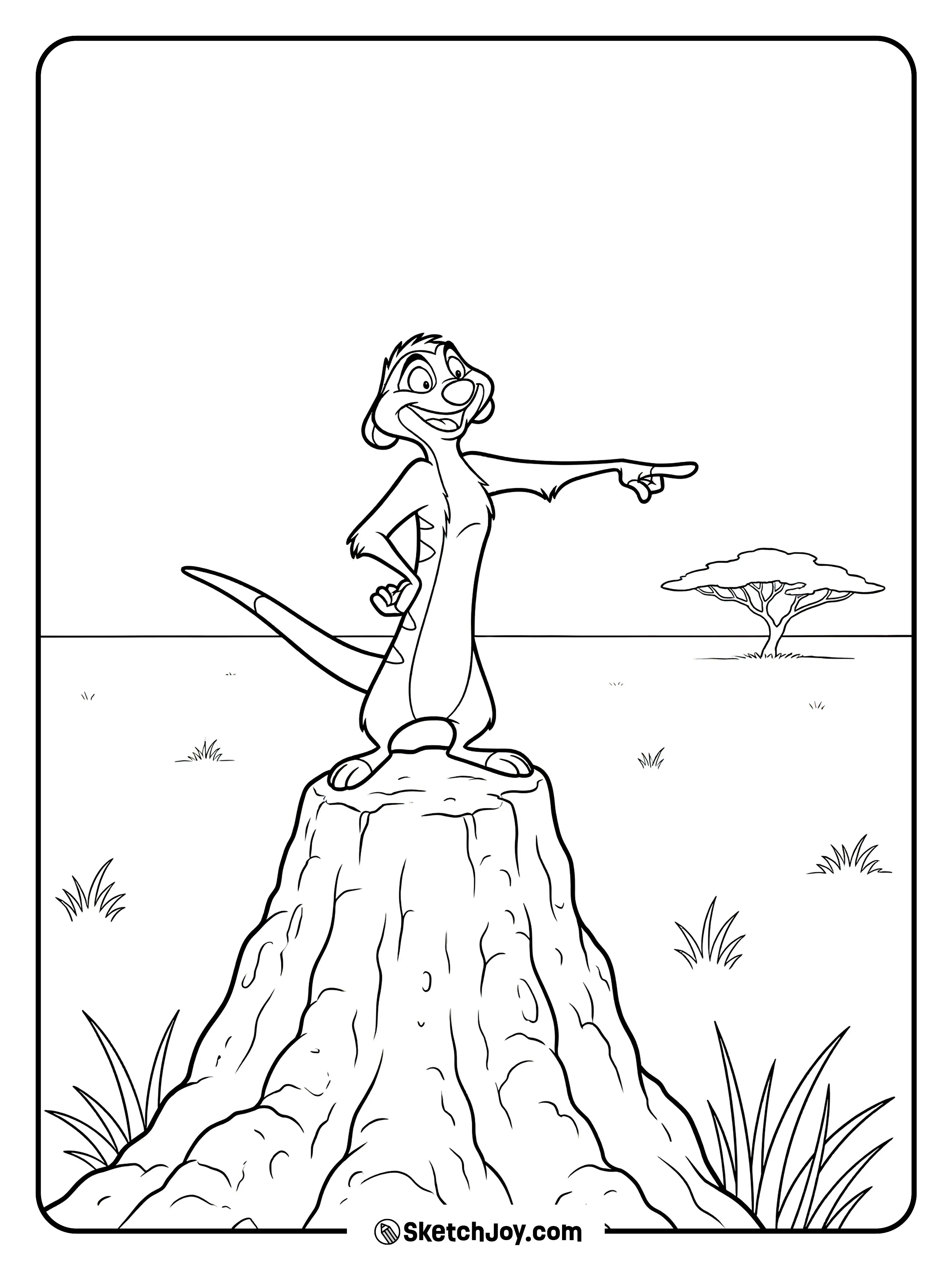 Timon stands on a mound and points like a lookout.