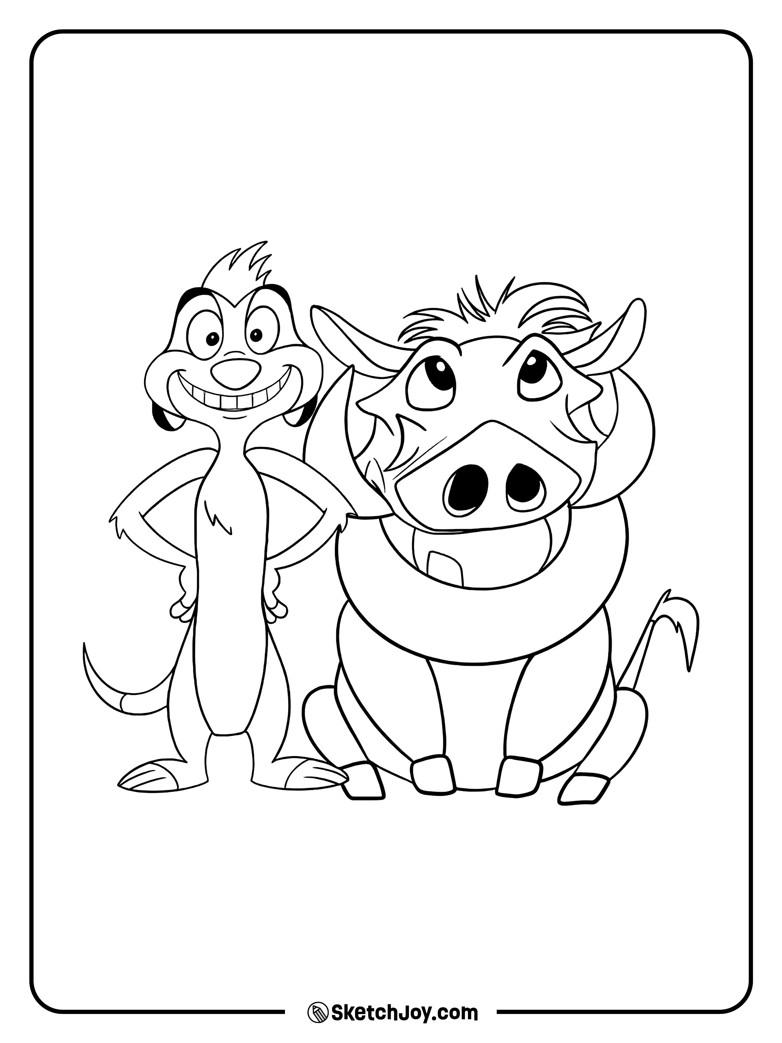 Timon poses with a big grin while Pumbaa sits beside him and smiles.