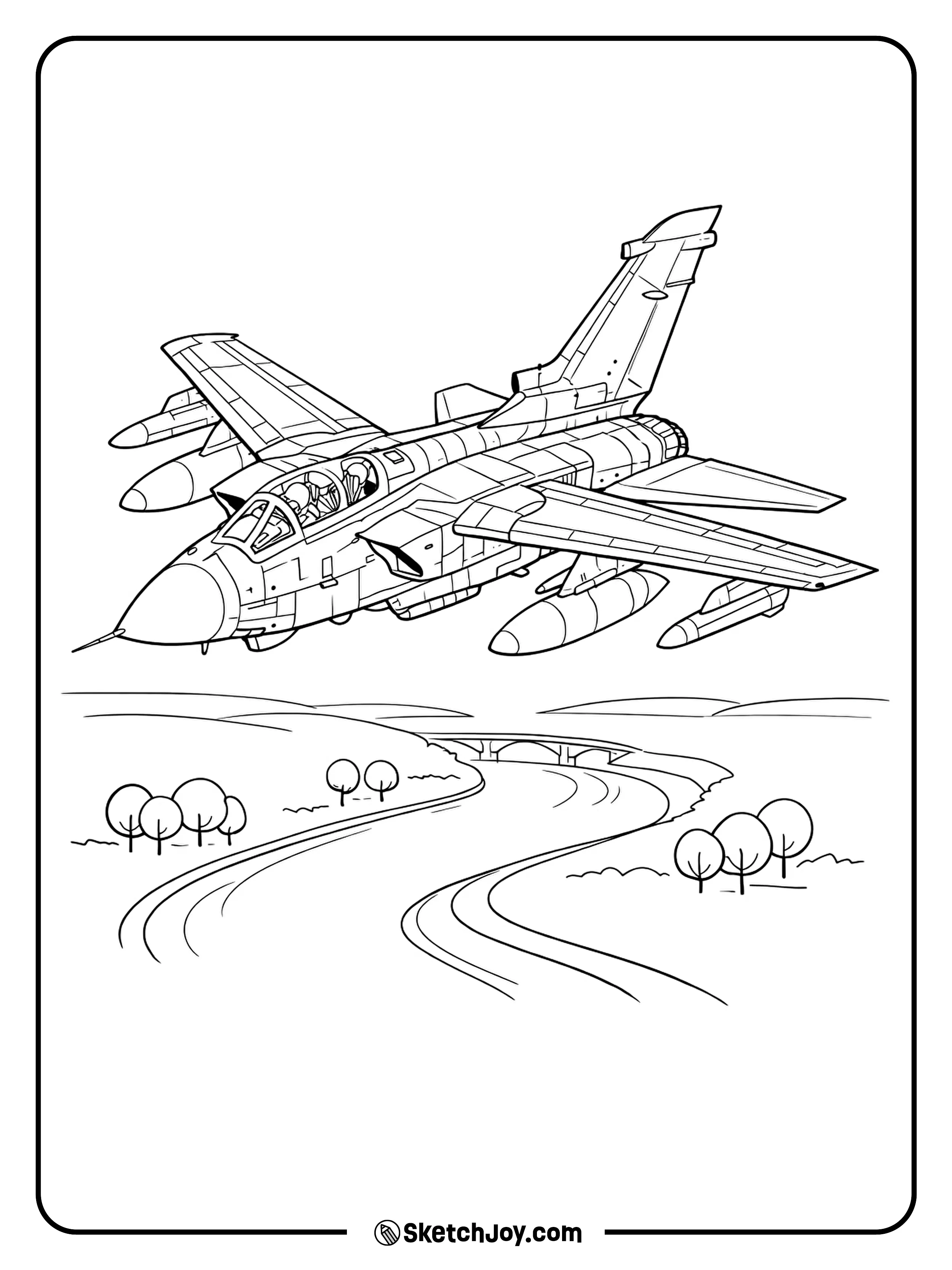 A Tornado flies above a winding river and simple trees.