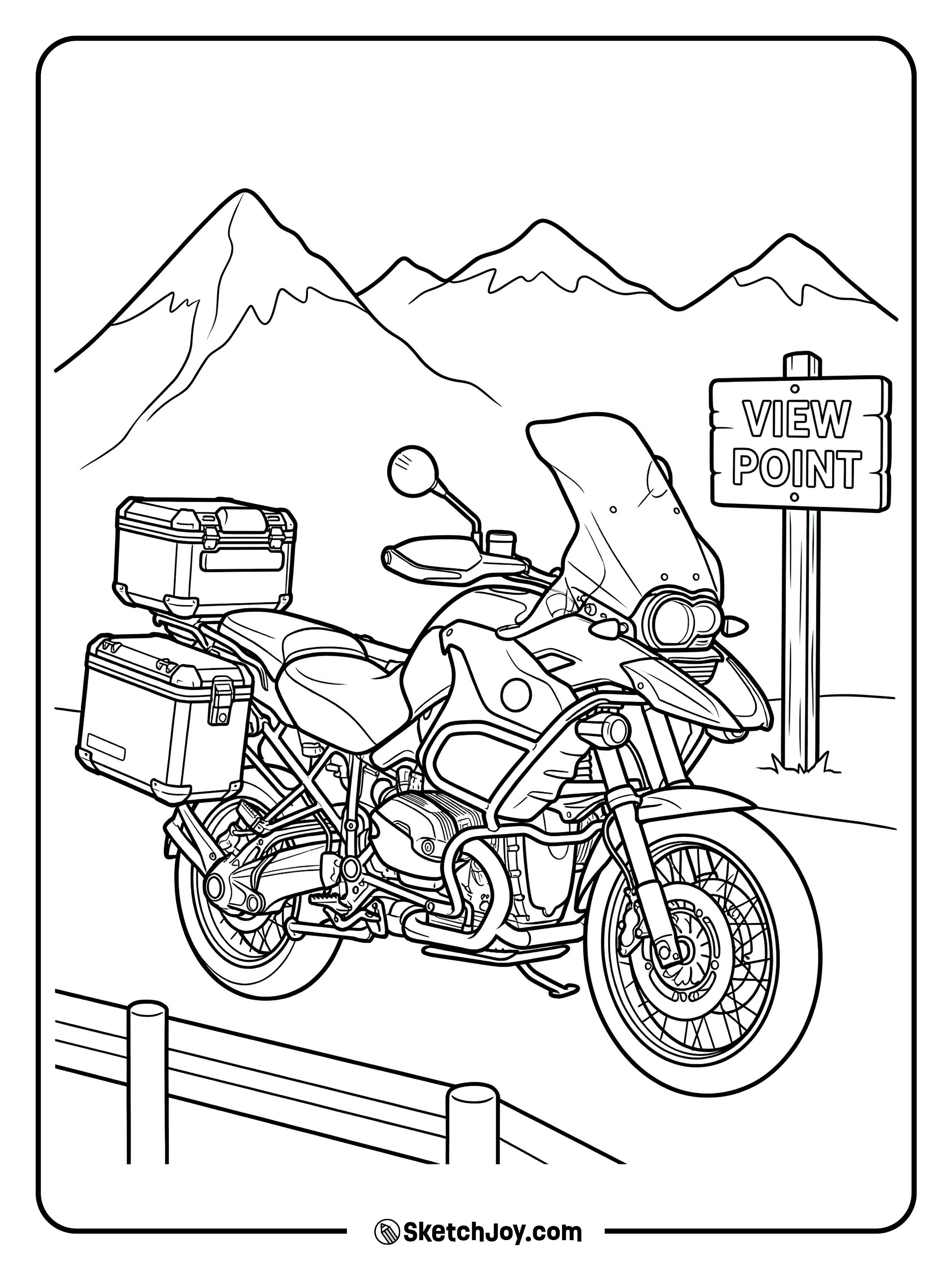 A touring bike stops near a mountain view sign.