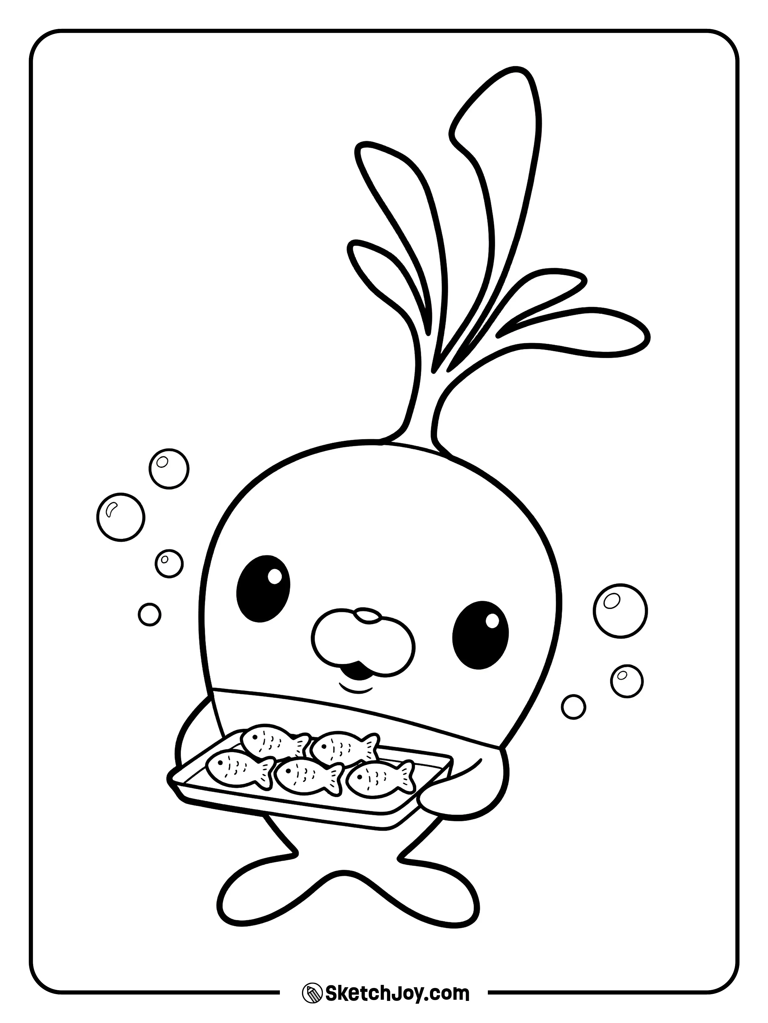 Tunip holds a small tray of fish biscuits and smiles.