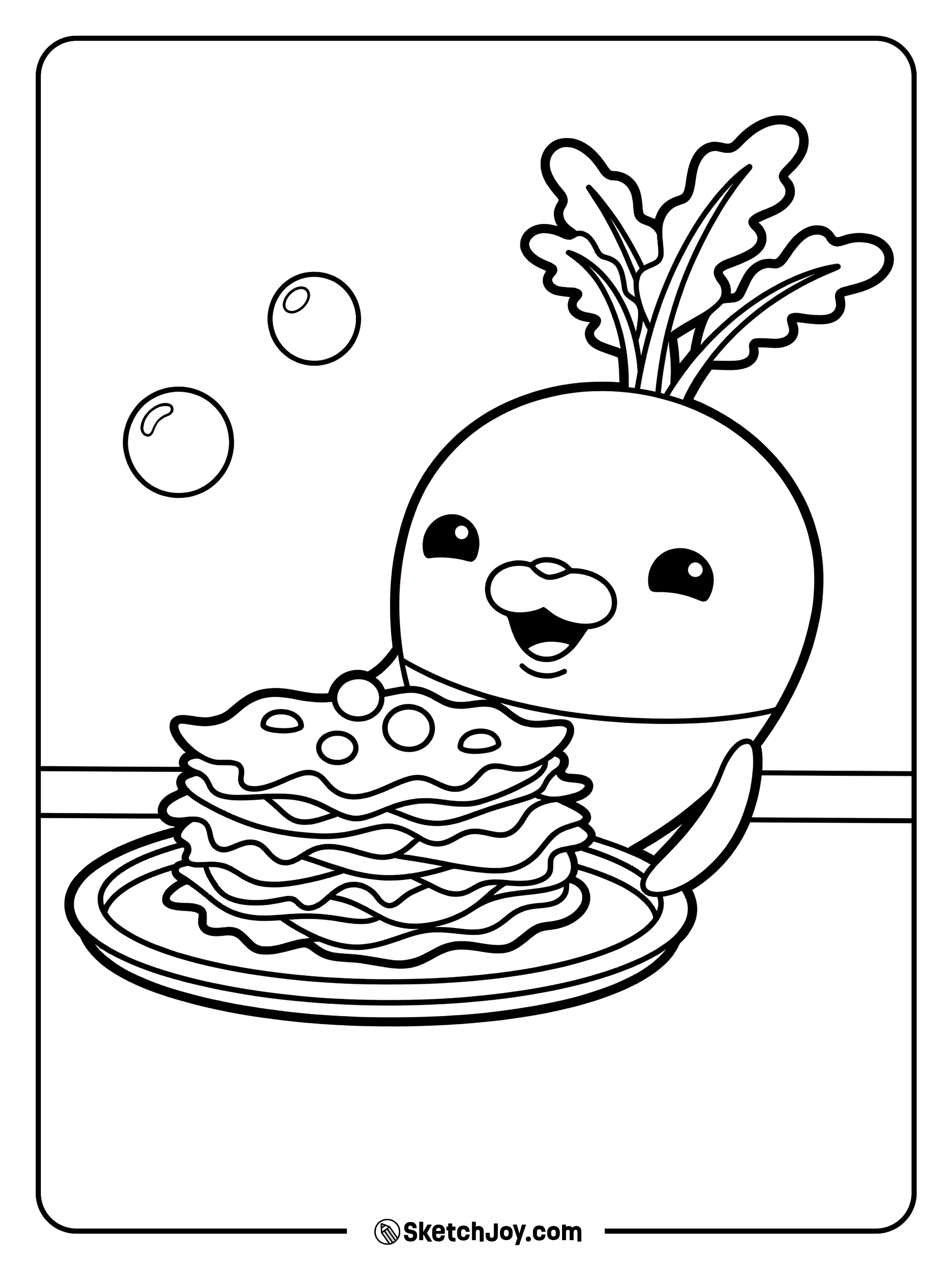 Tunip carries a kelp cake on a tray with a few bubbles.