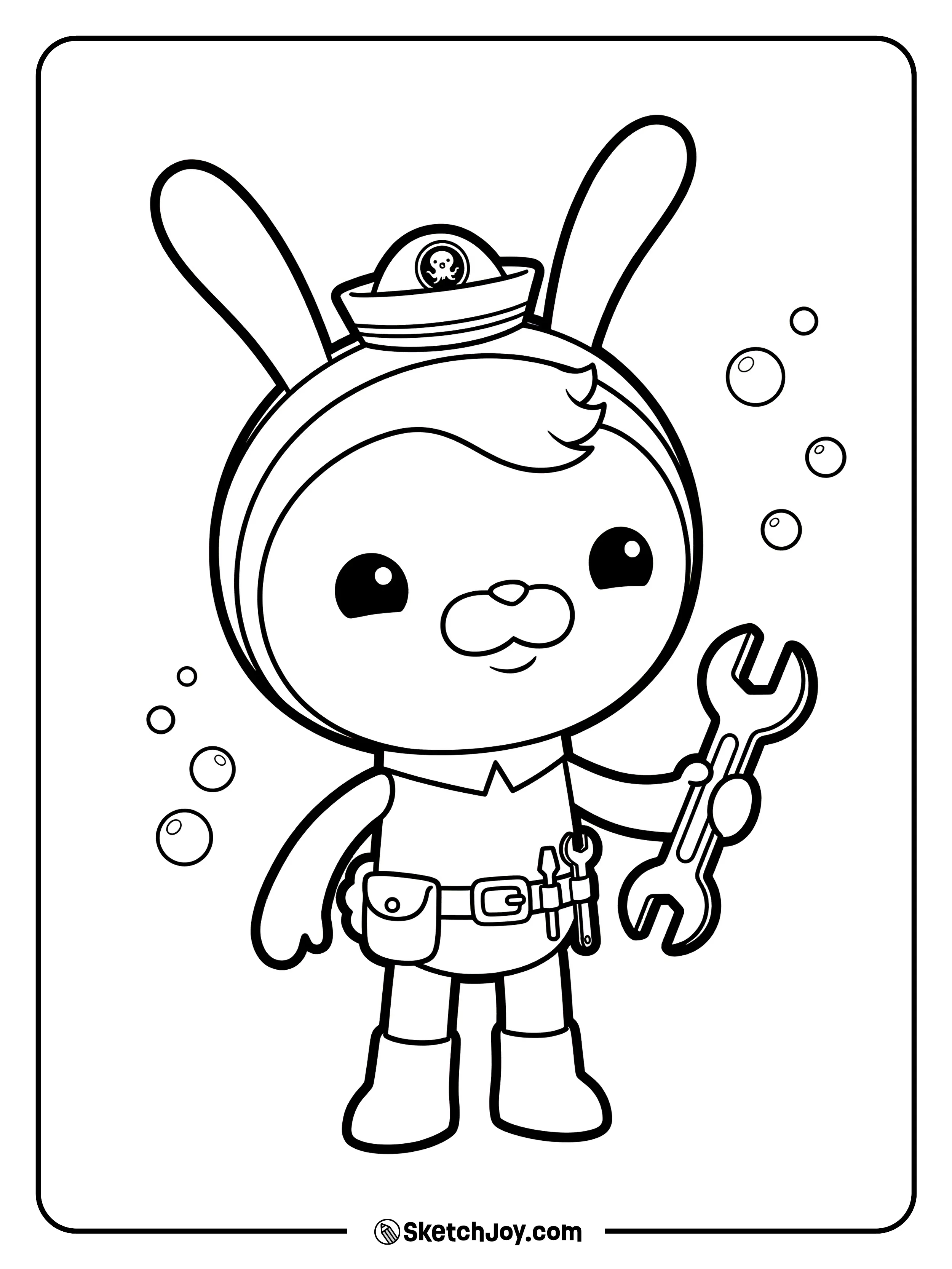 Tweak smiles while holding a wrench up high.