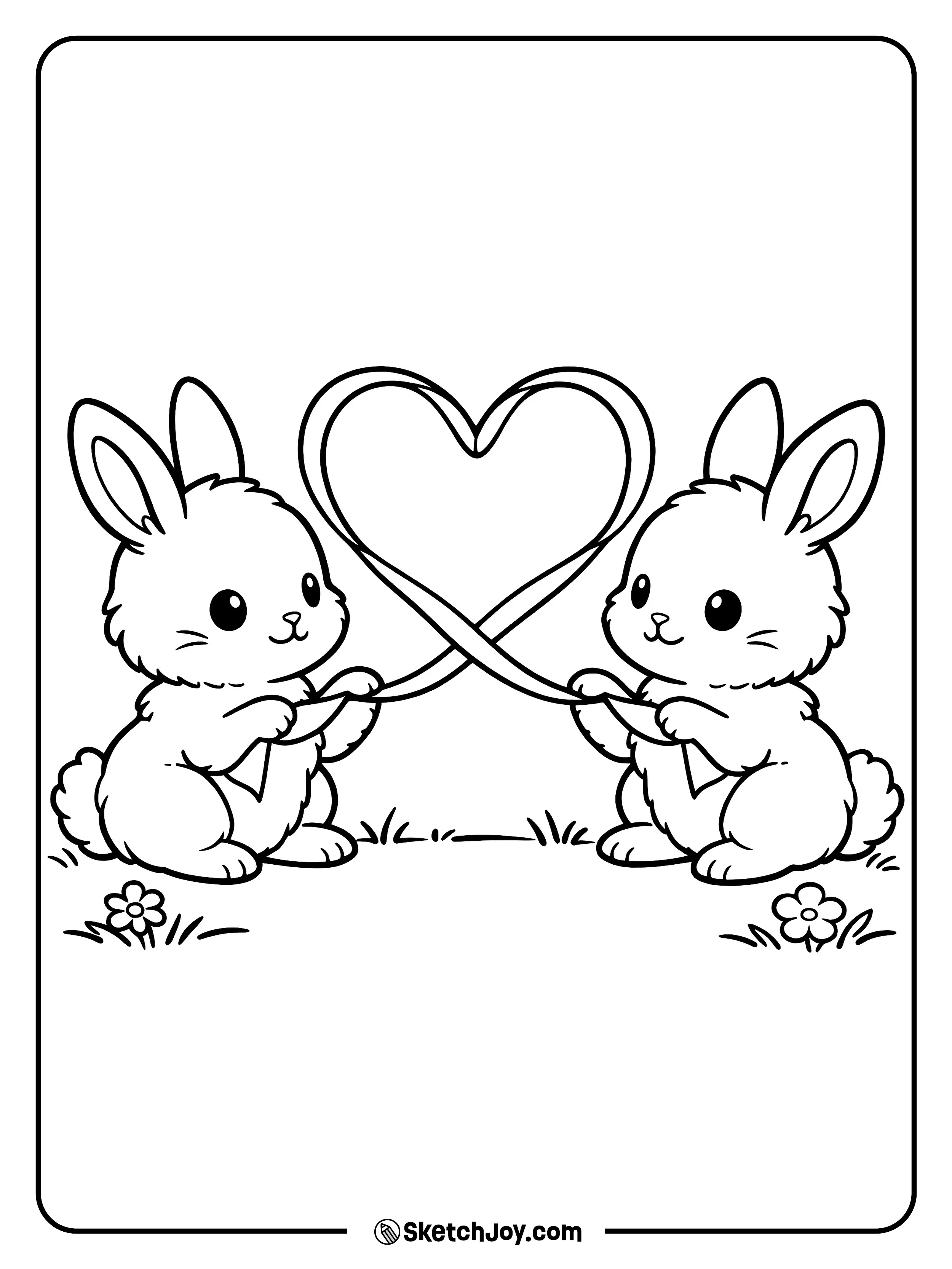 Two bunnies hold a ribbon that forms a heart.
