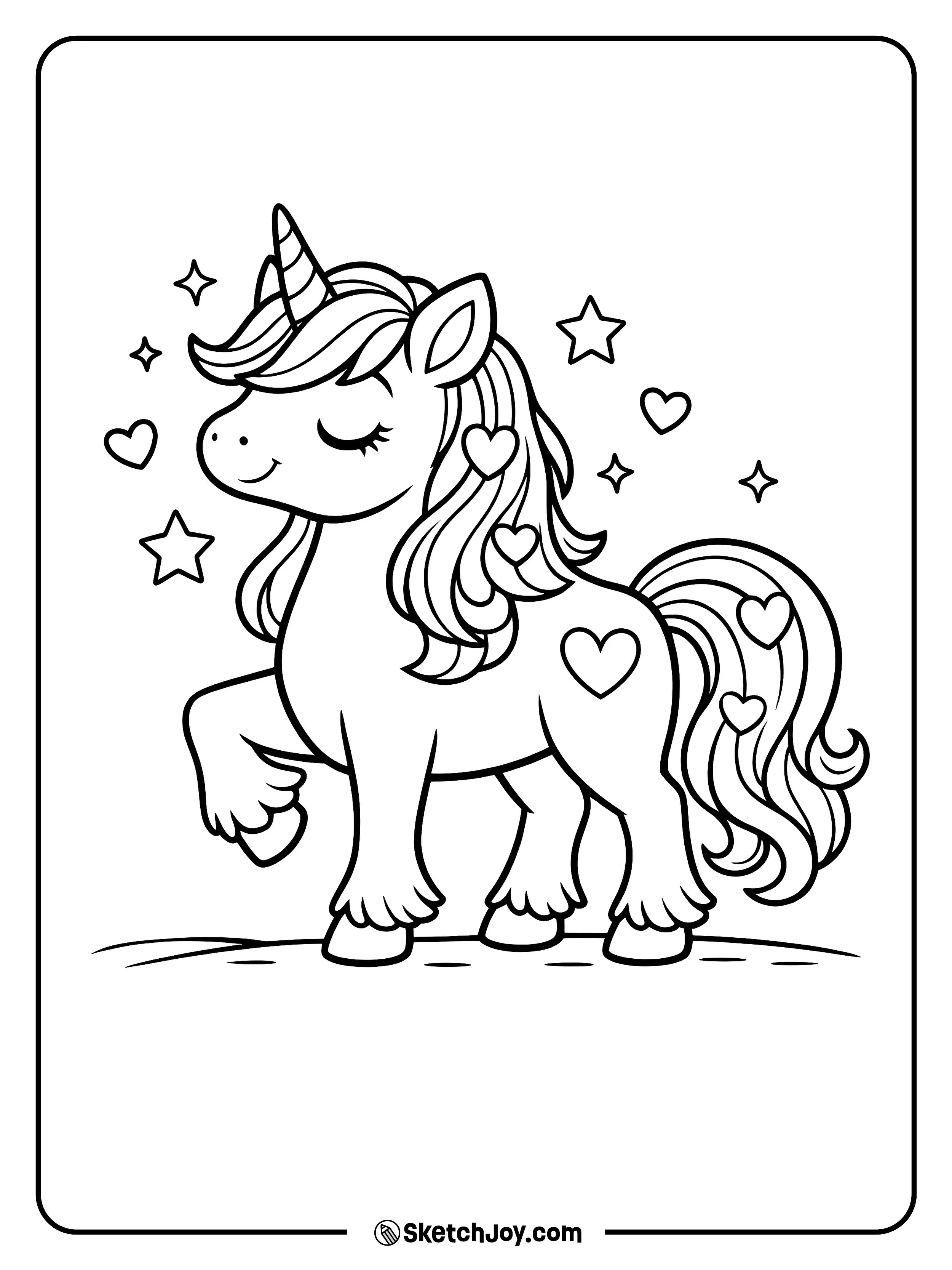 A unicorn stands proud with heart shapes in its mane.