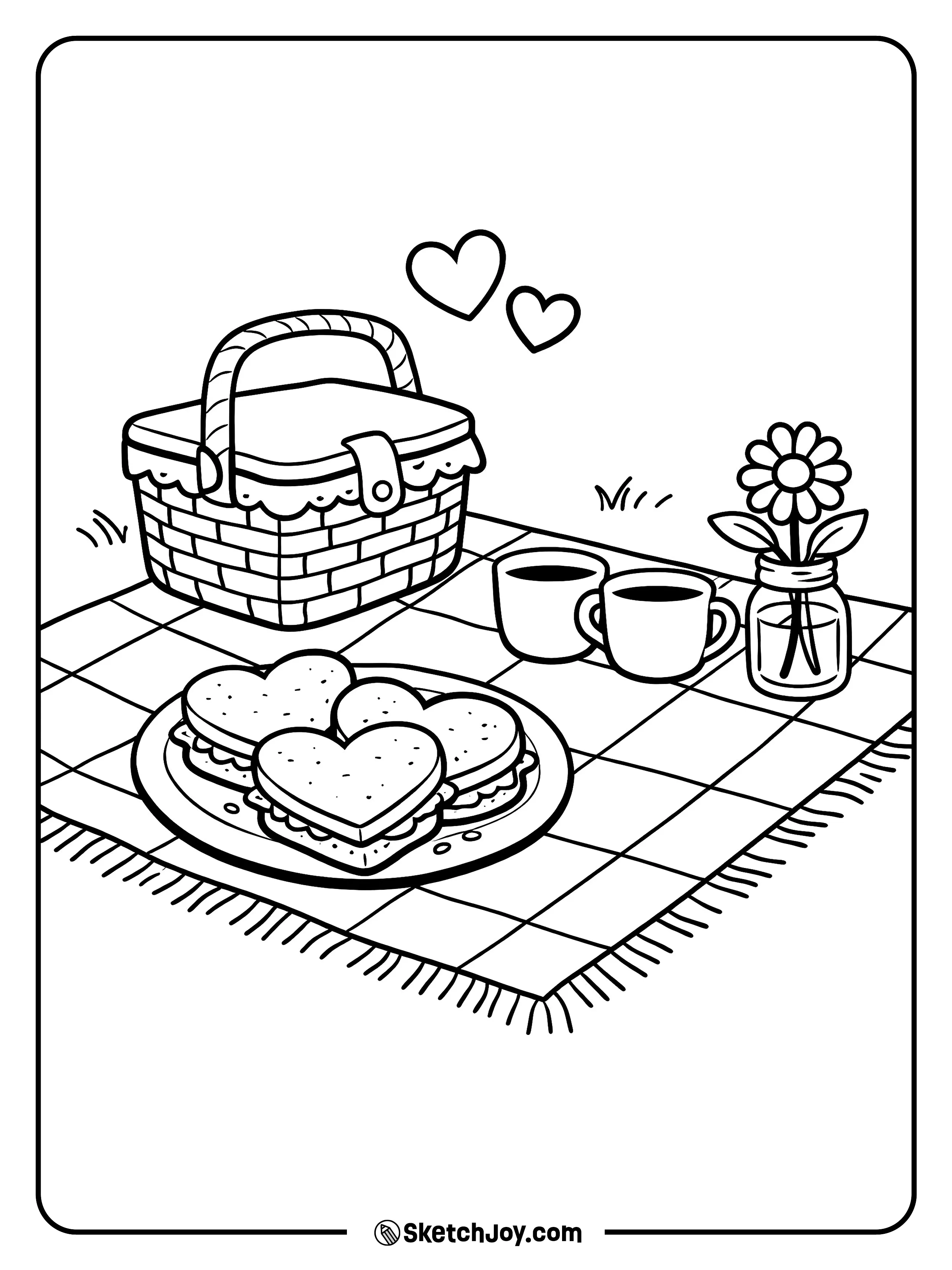 A picnic has heart snacks laid out on a blanket.