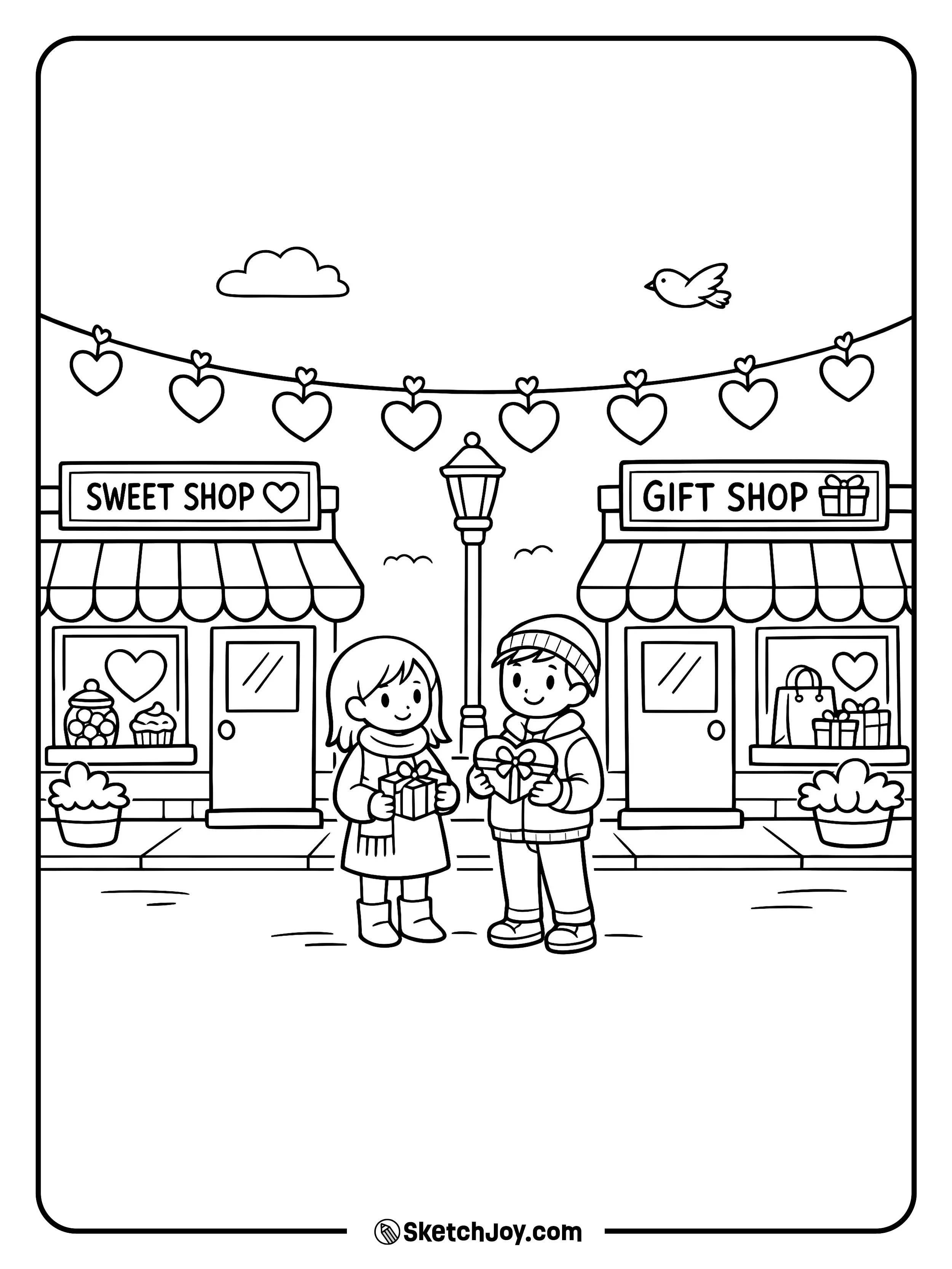 A simple street has heart lights hanging above.