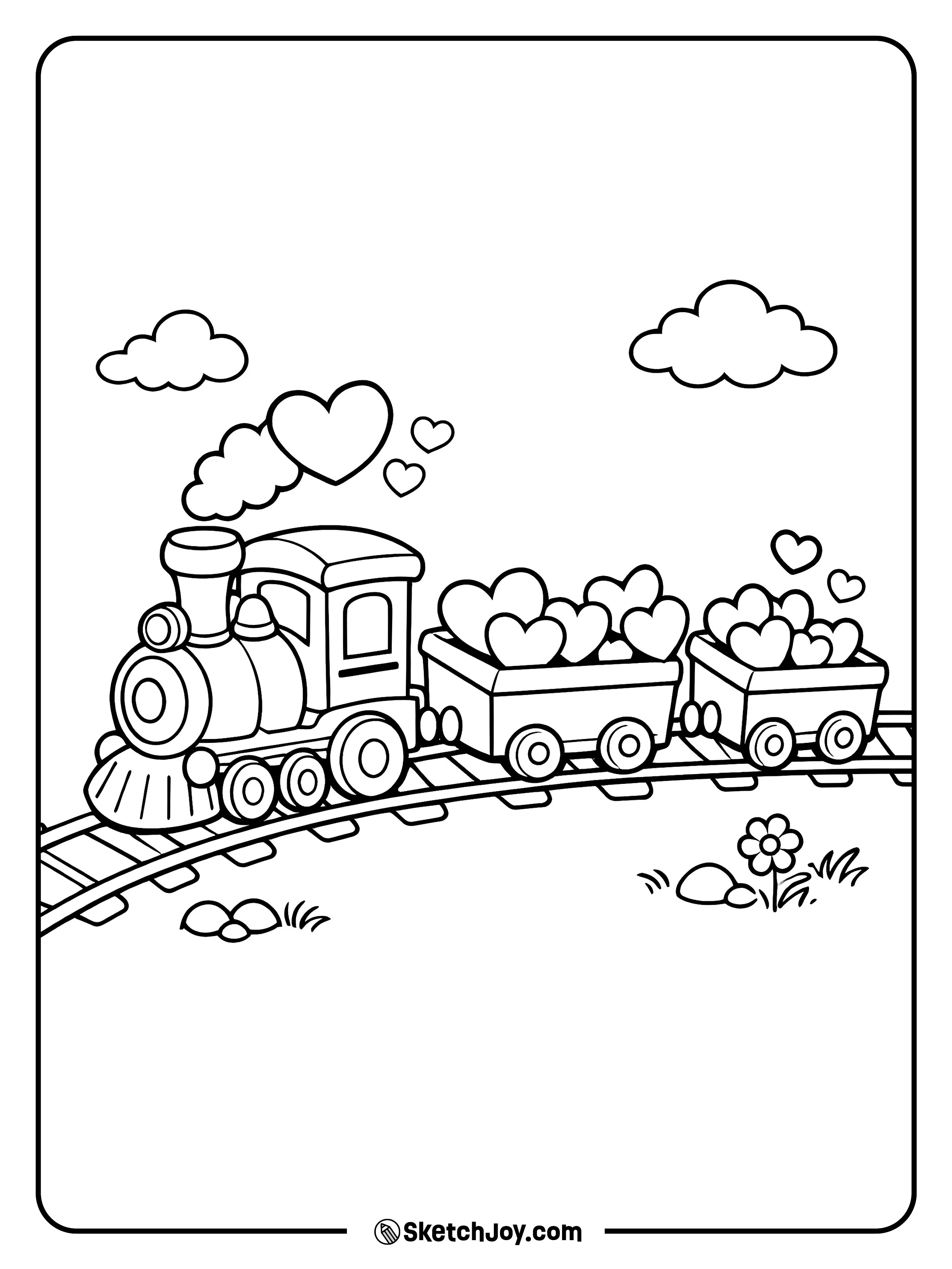 A cute train pulls cars full of hearts.