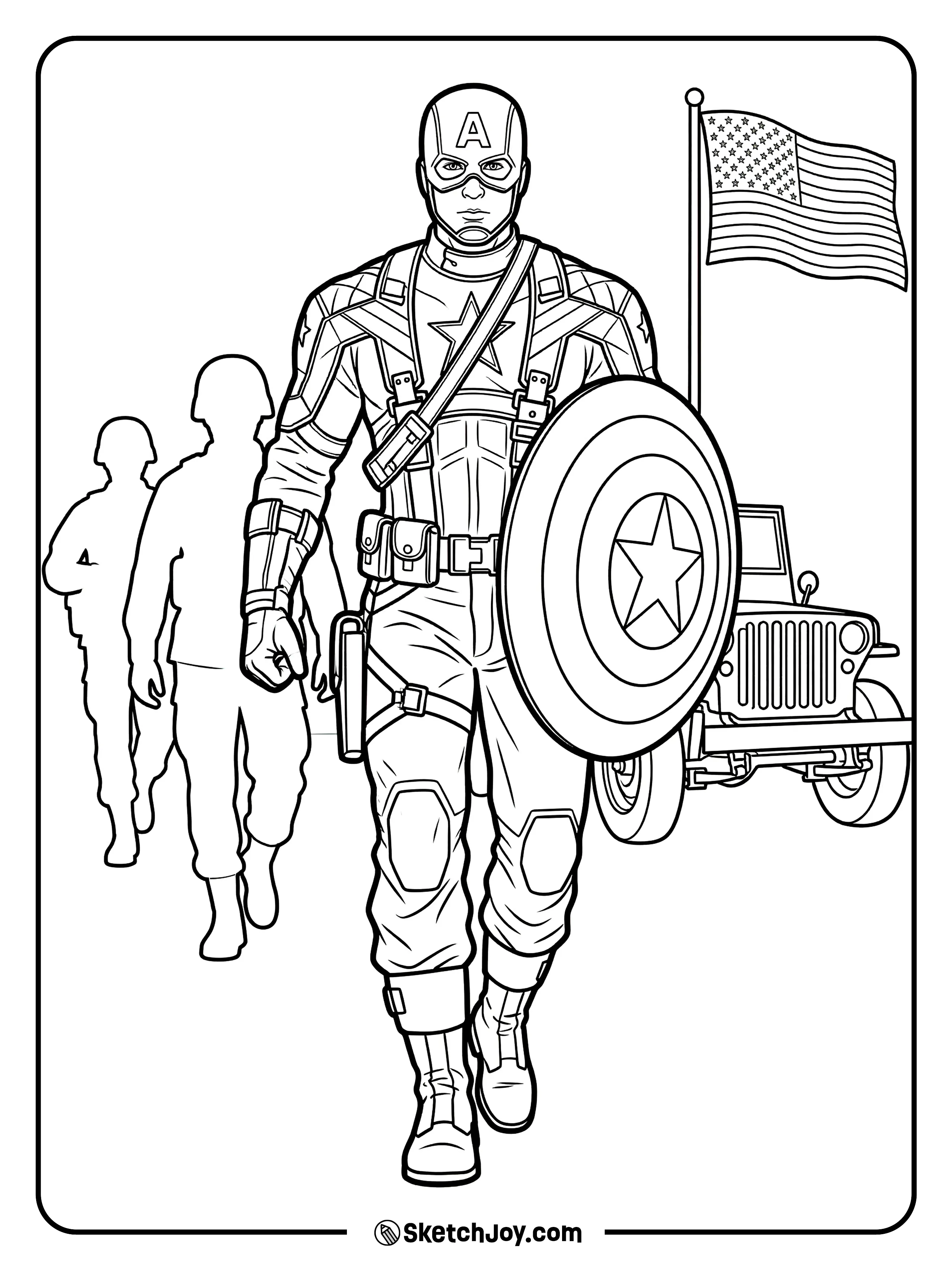 Captain America leads a WWII march with courage.
