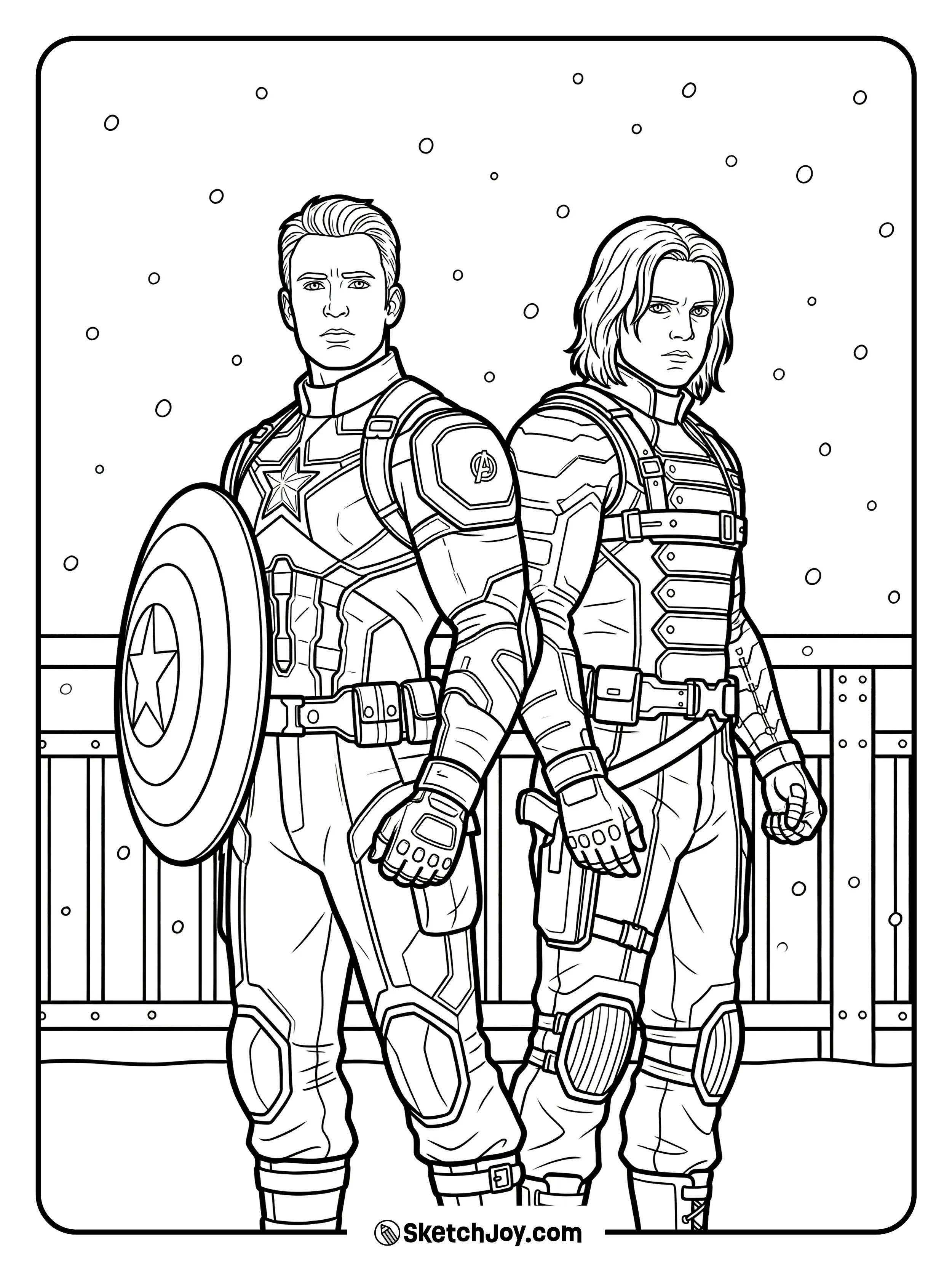 Captain America and Winter Soldier stand back to back.