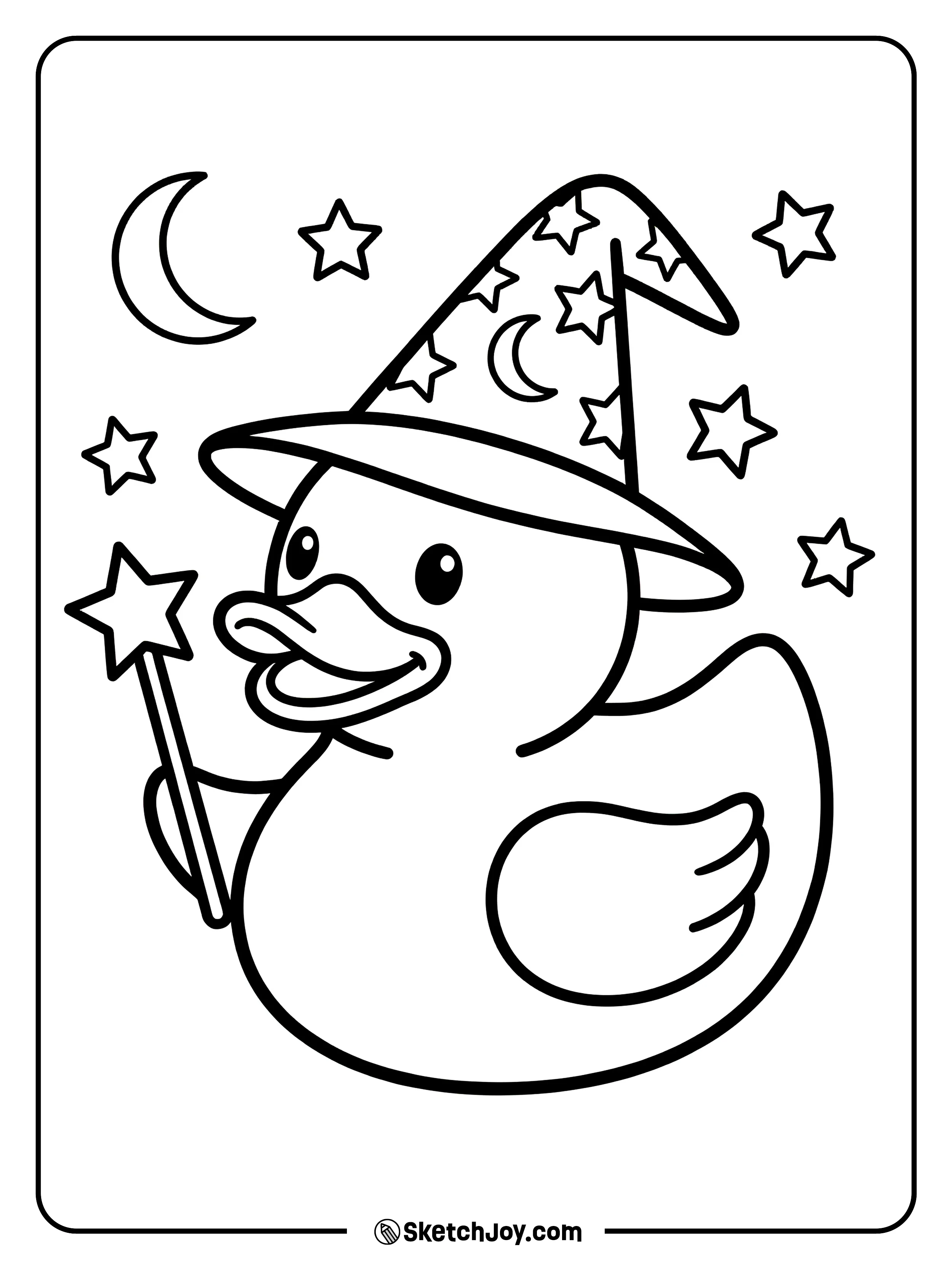 A rubber duck with wizard hat and wand.