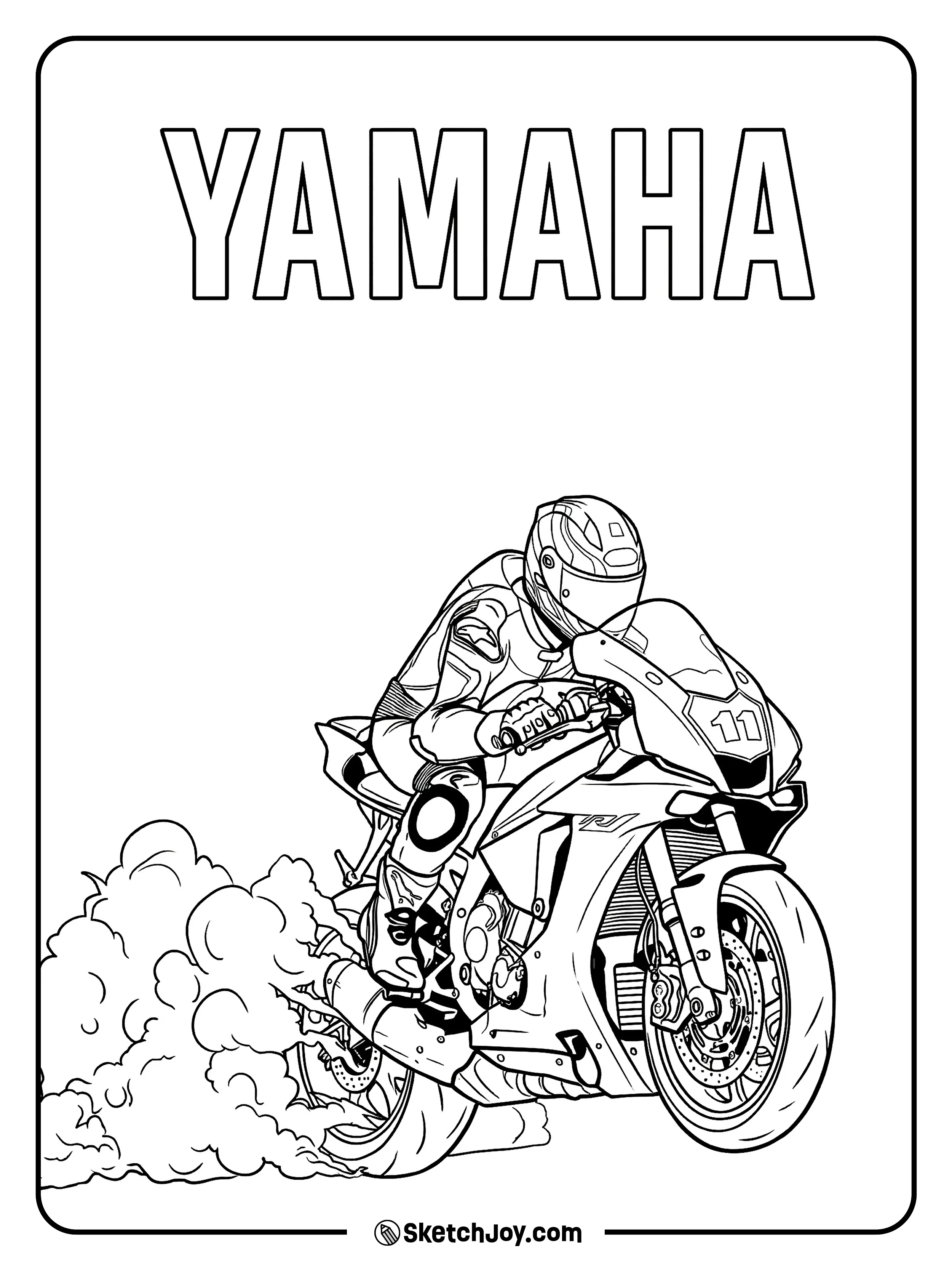 A Yamaha race rider spins the rear tire and makes a big smoke cloud.