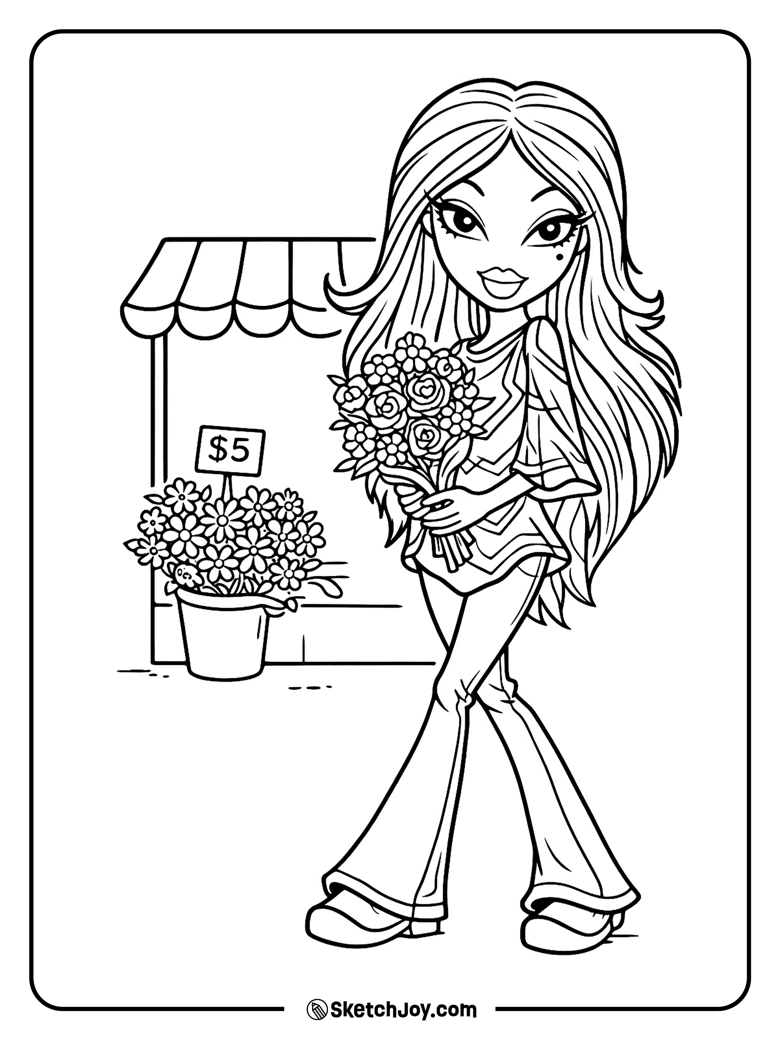 Yasmin holds a bouquet beside a small bucket of flowers and a price tag sign.