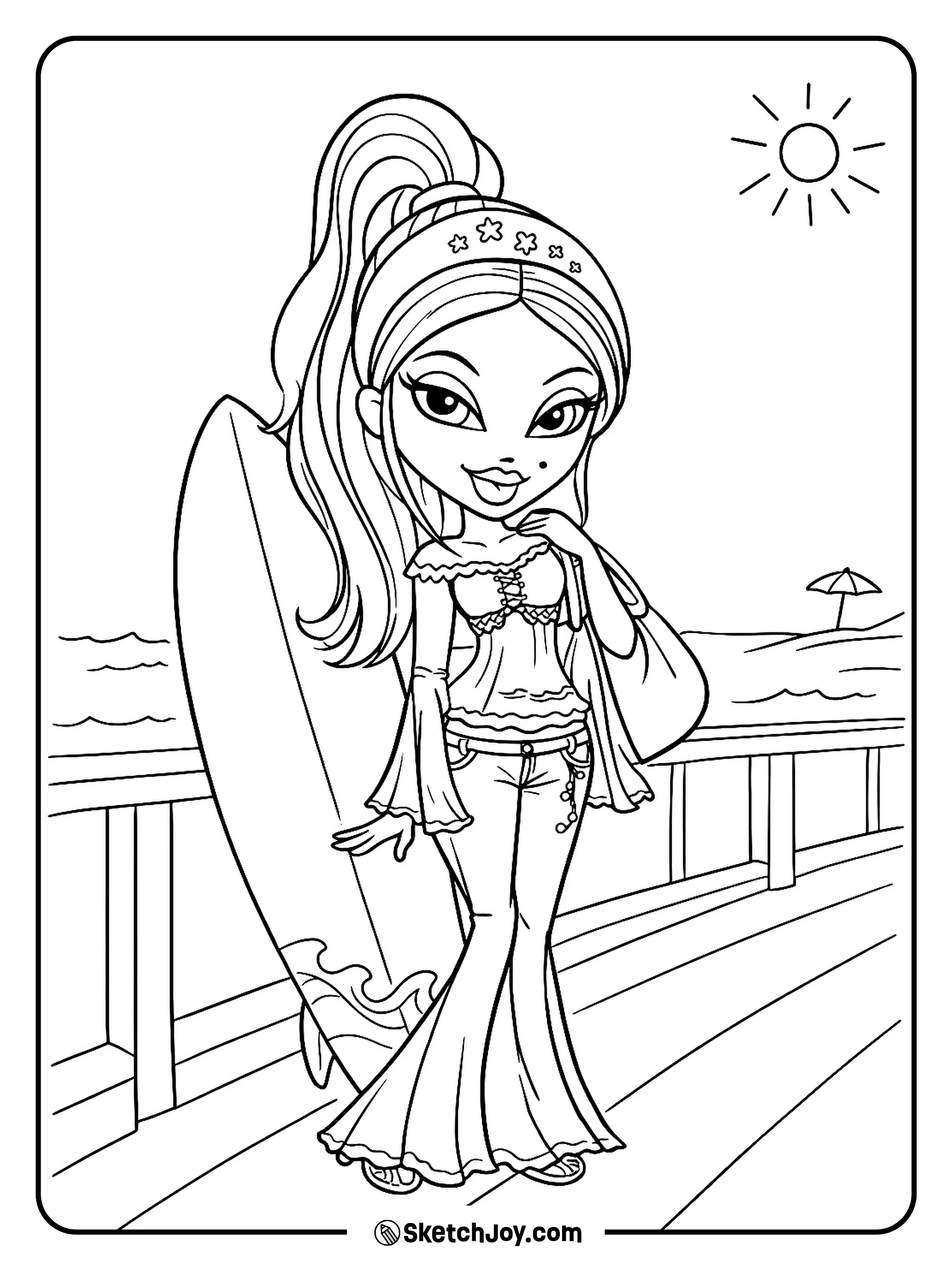 Yasmin holds a surfboard near simple waves and a small sun sign.