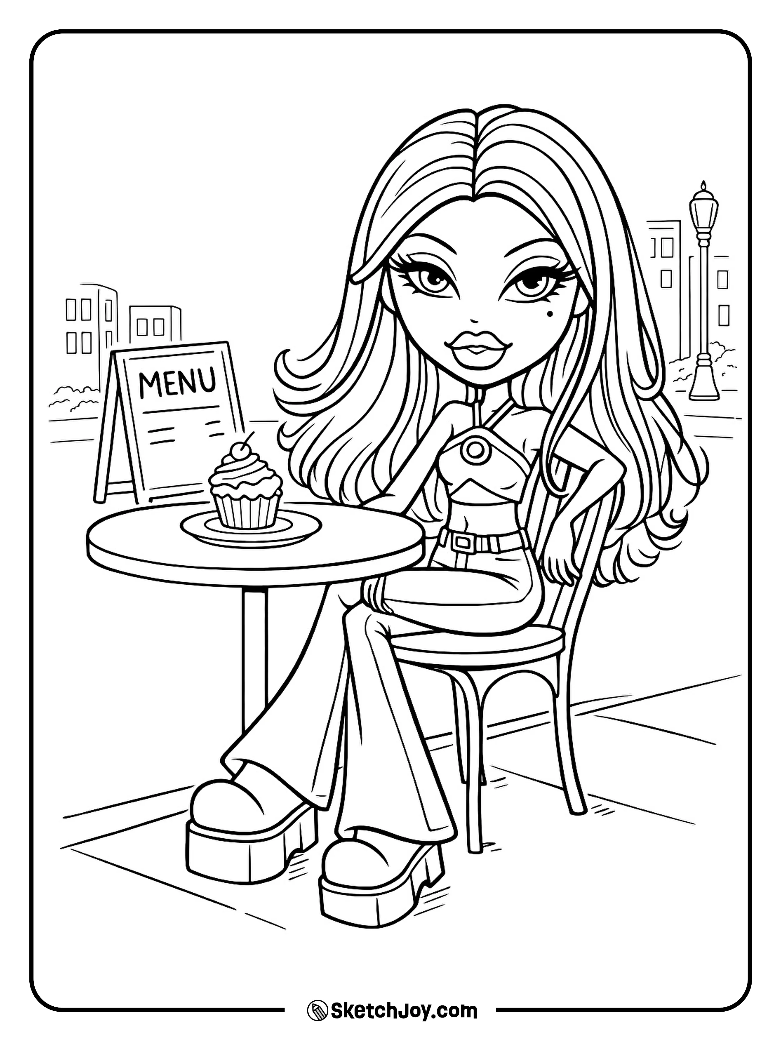 Yasmin sits at a small cafe table with a cupcake and a tiny menu board.