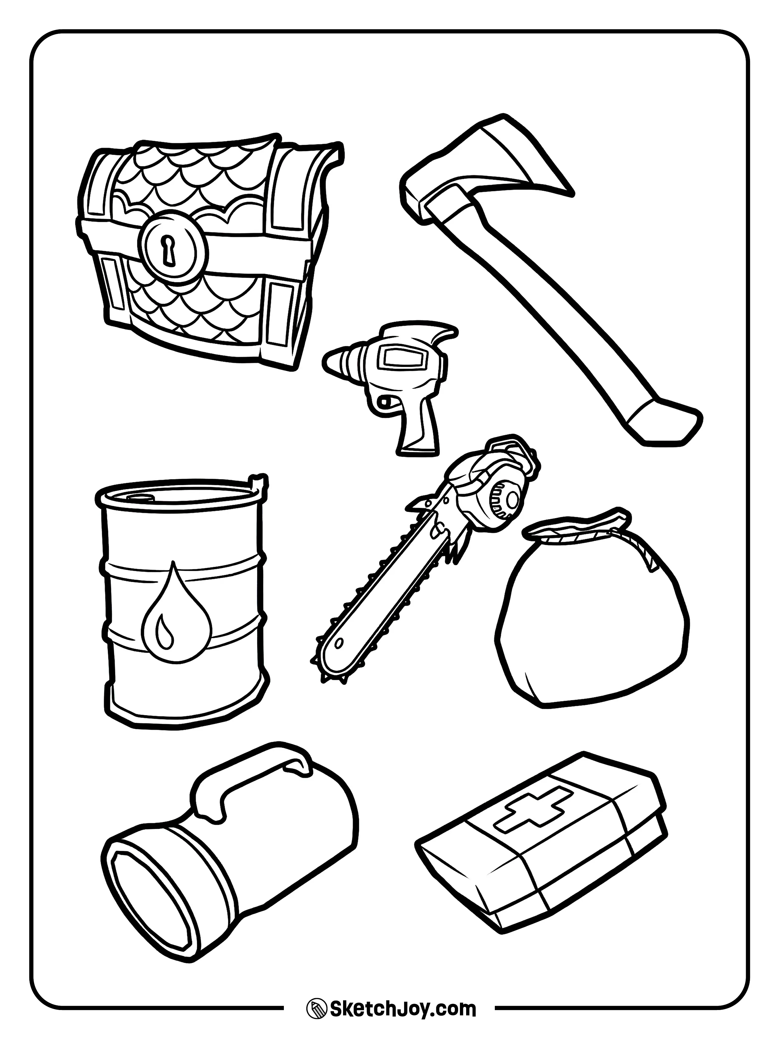 A page of game items like tools, a chest, fuel, and a med kit.