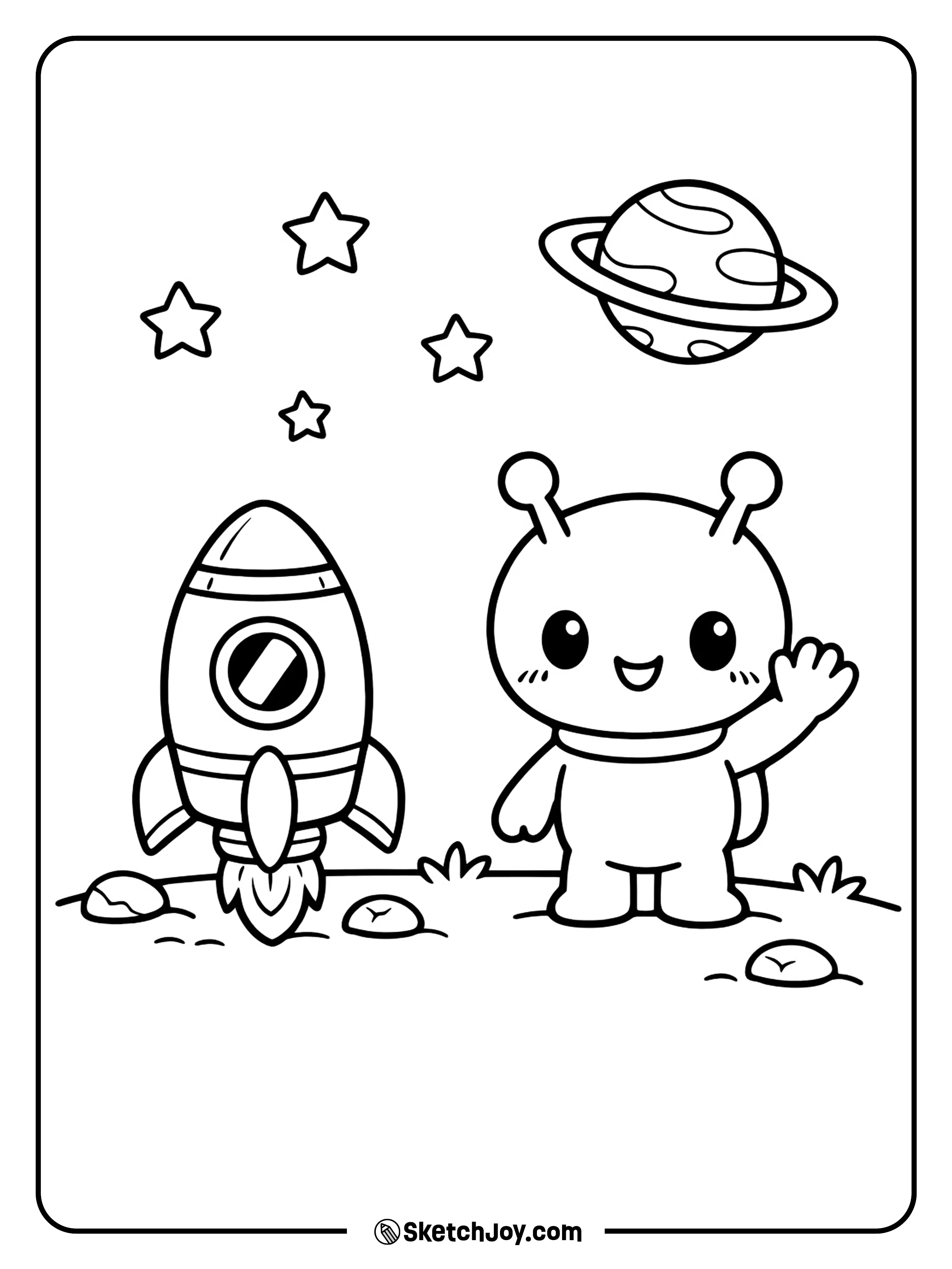 A friendly alien waves beside a small space ship.