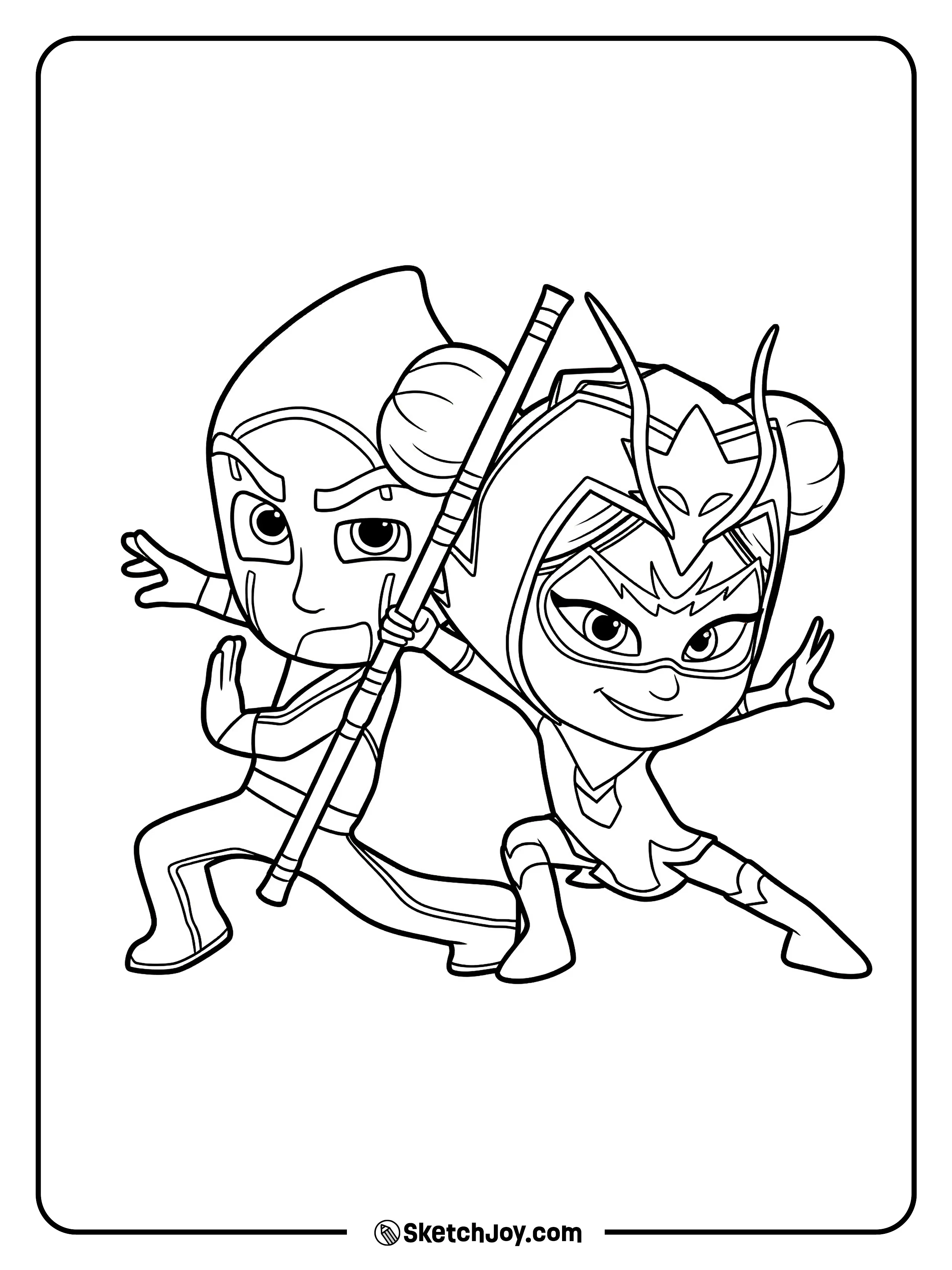 An Yu and a rival strike action poses, with An Yu holding her staff.