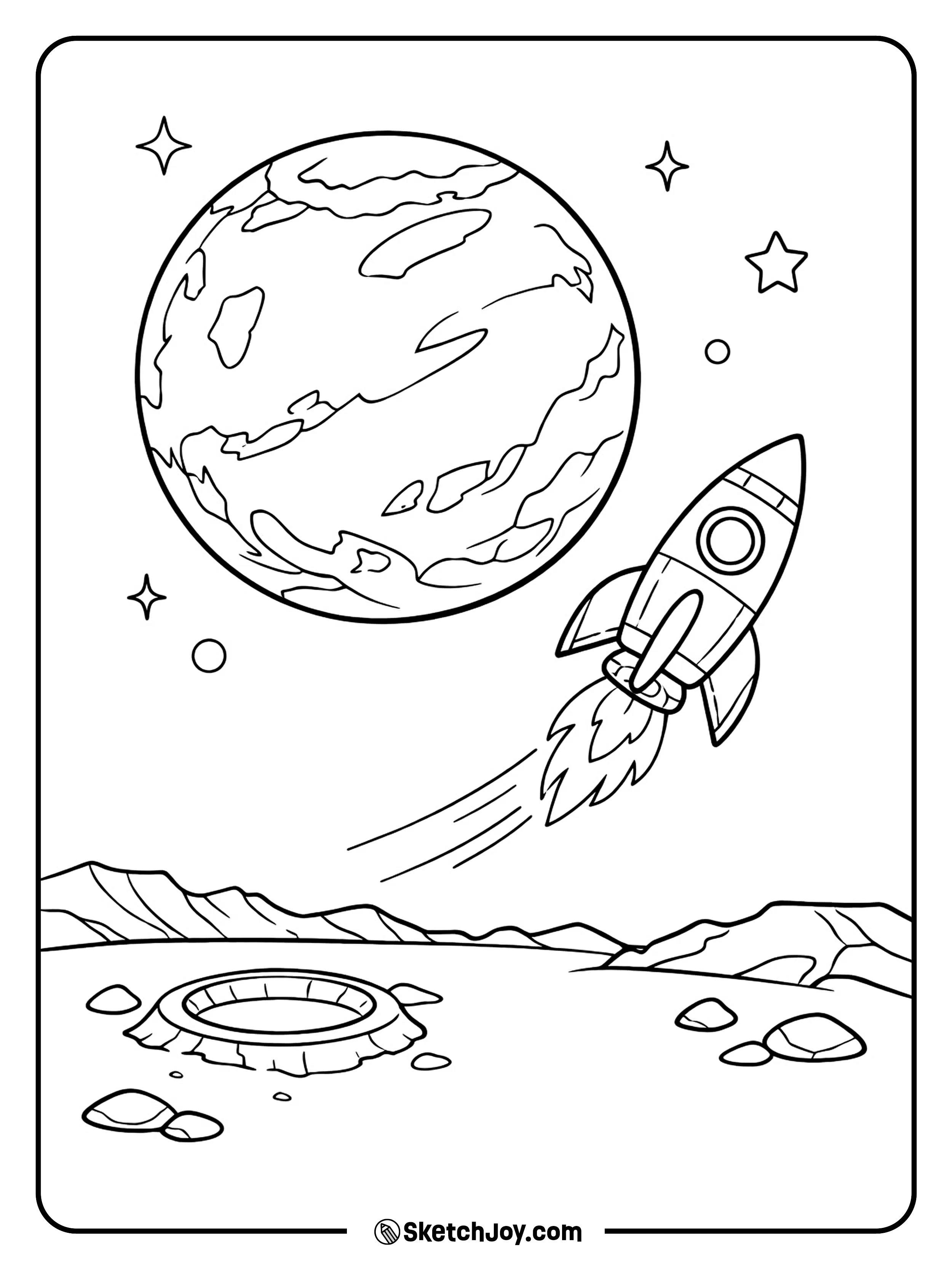 A space ship heads toward Mars with a simple rocky view.