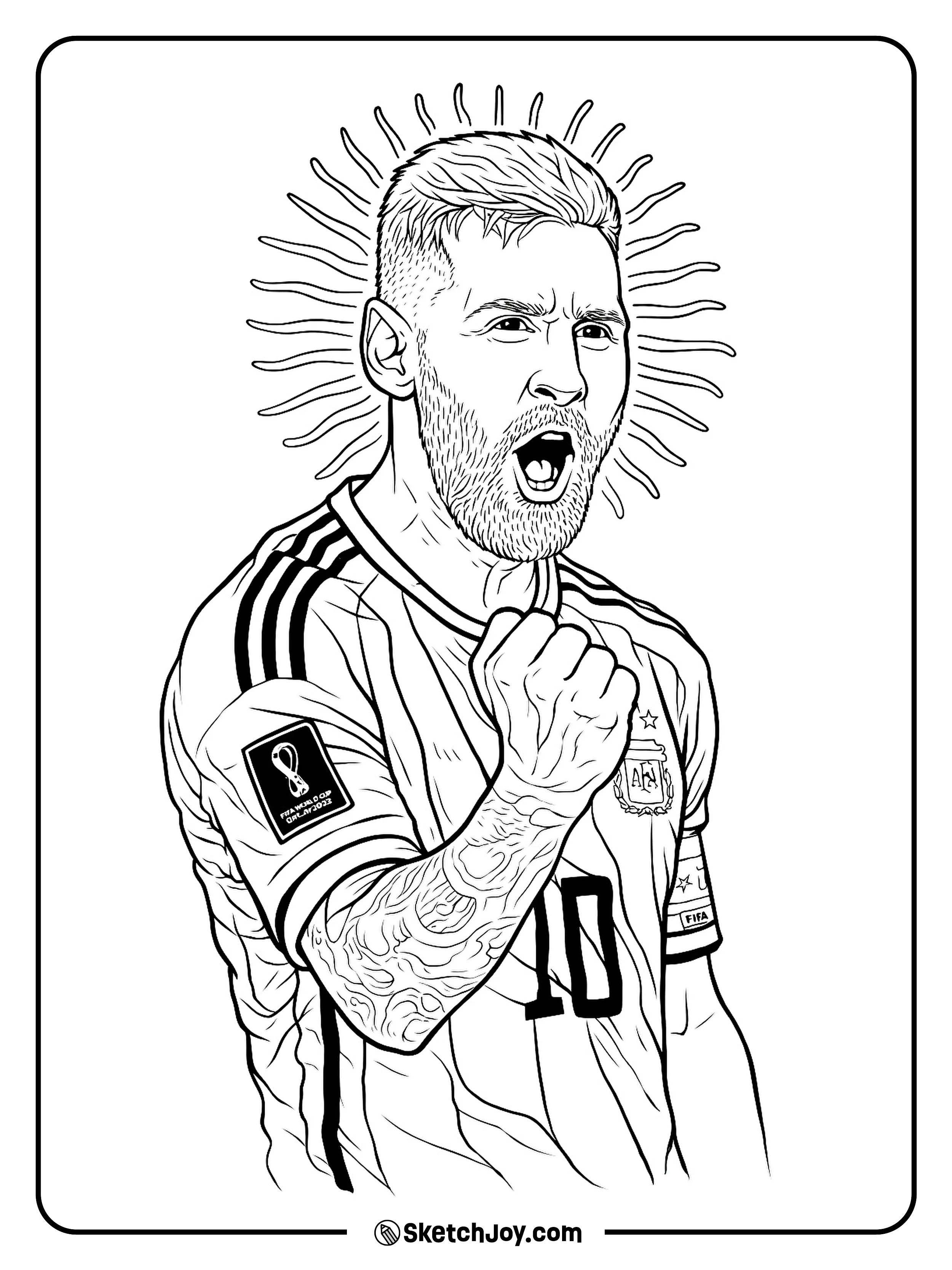 Messi shouts and pumps his fist in the Argentina shirt.