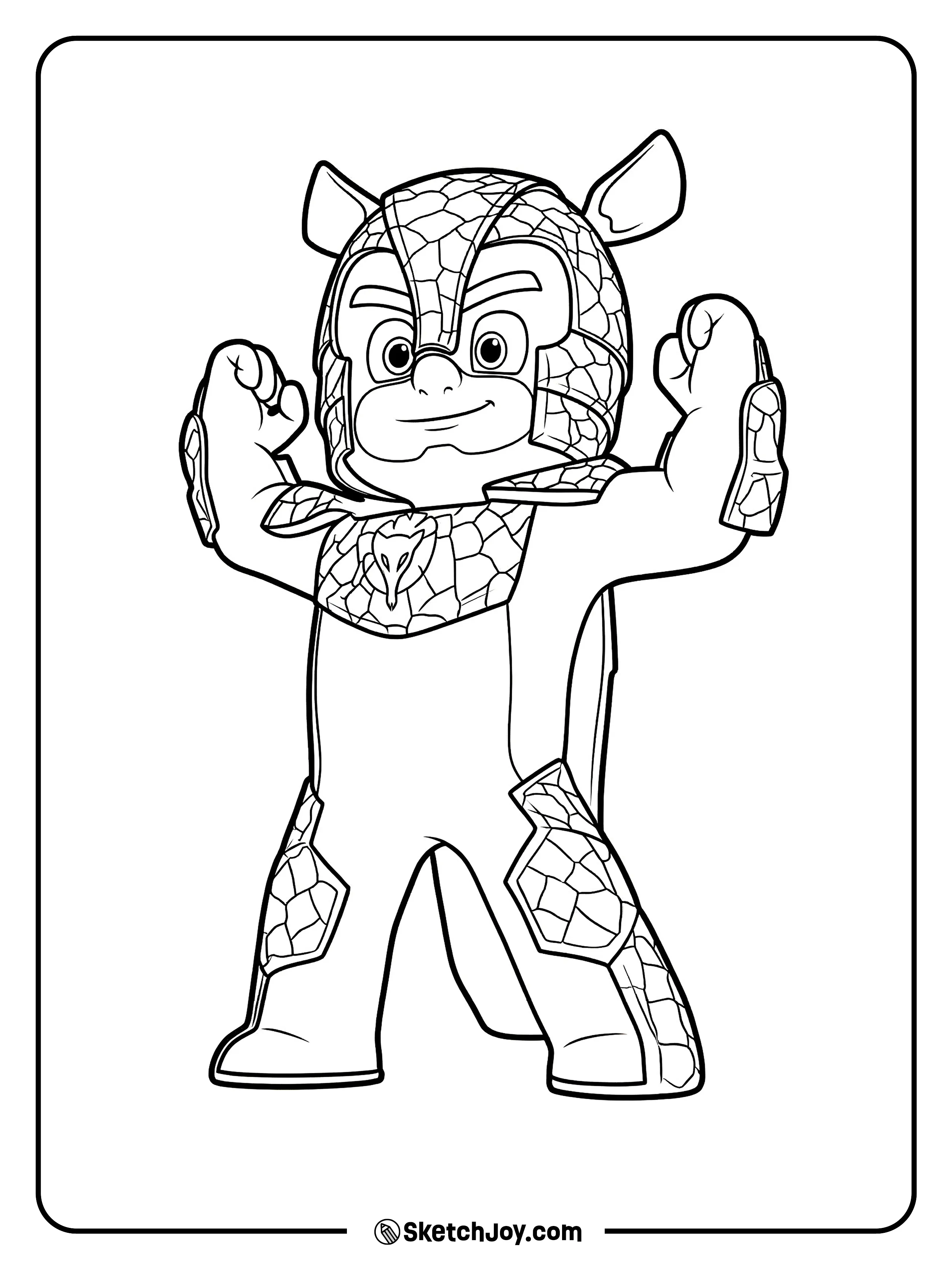 Armadylan raises his arms like a champ, showing his armor suit.