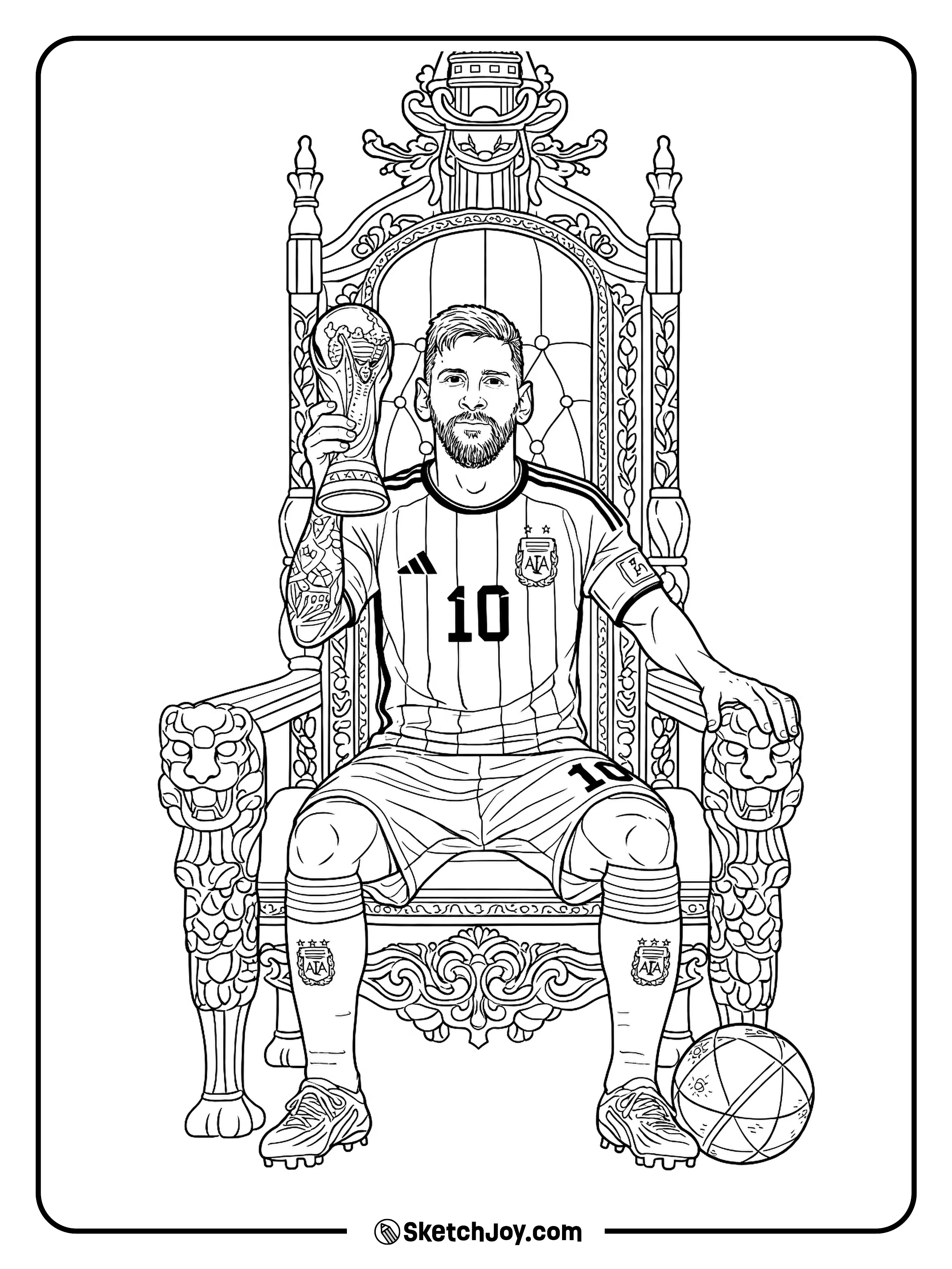 Messi celebrates with arms wide in front of huge text.