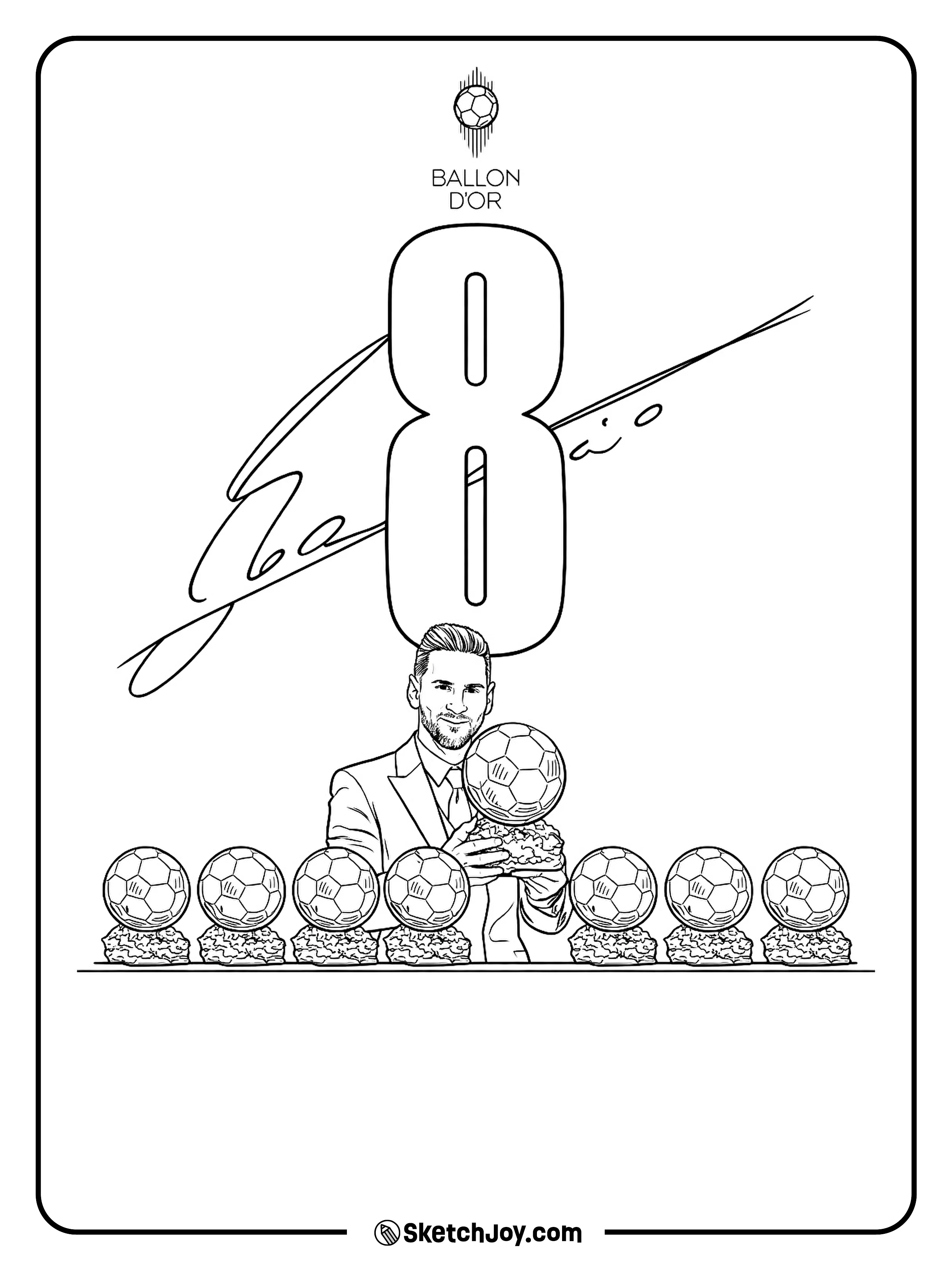 Messi (#10) holds the Ballon d’Or trophy in front of the goal.
