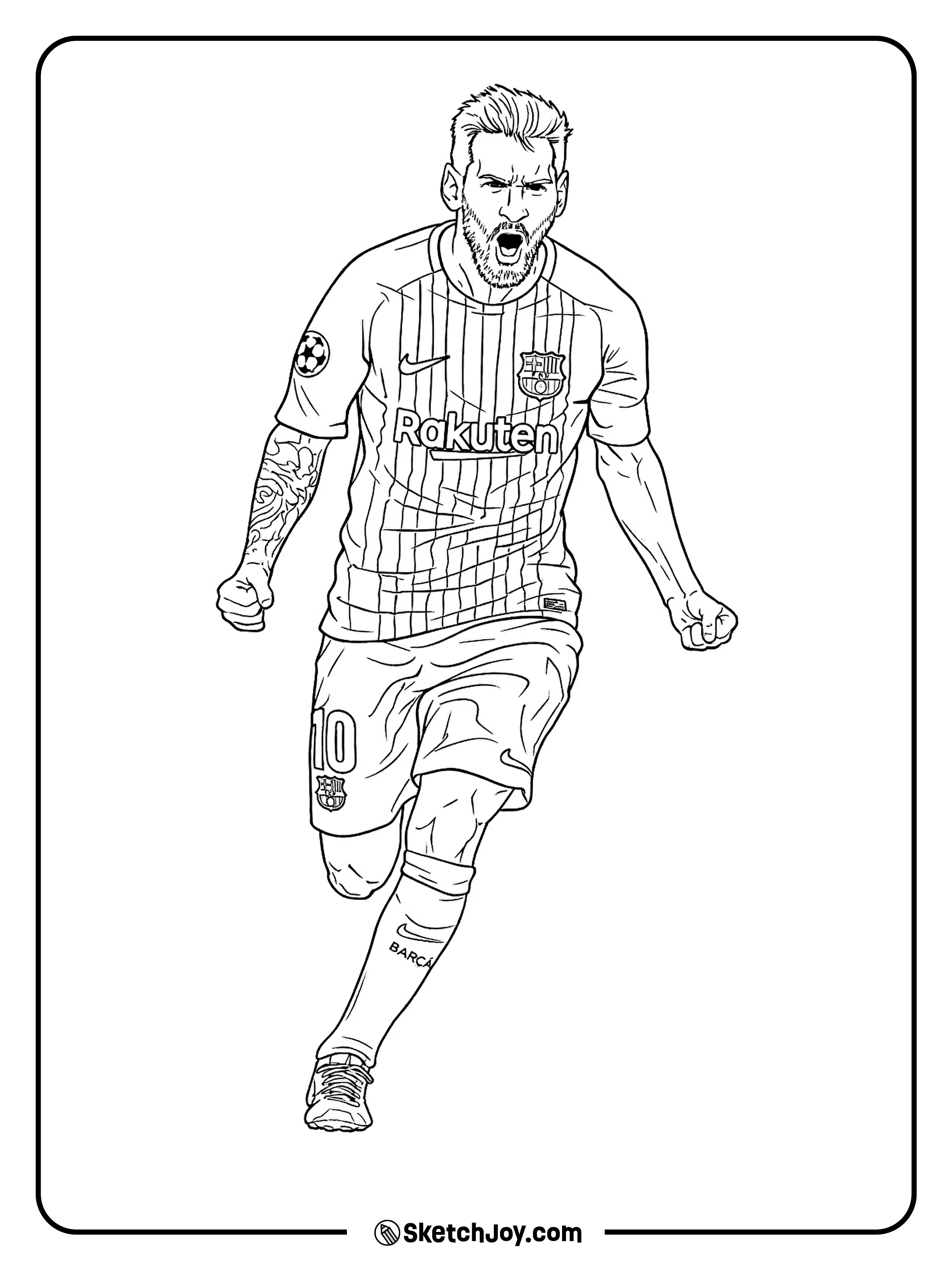 Messi runs in front of a big FC Barcelona badge.