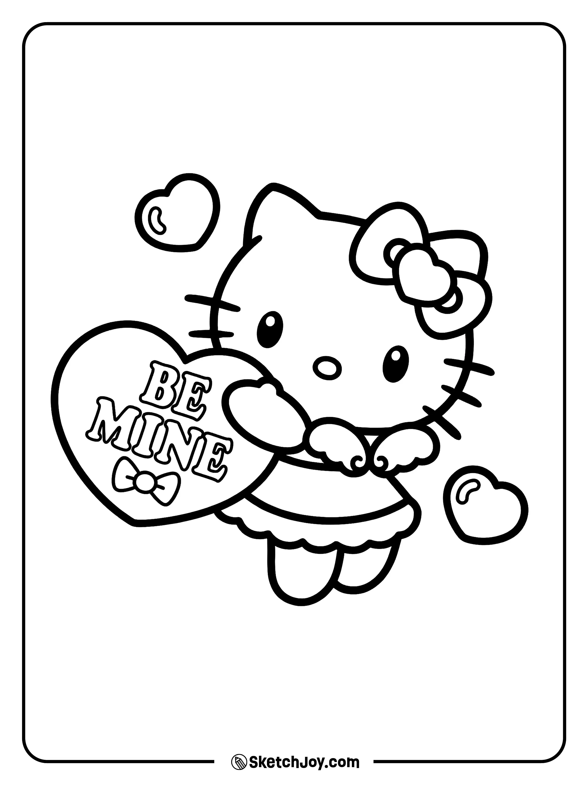 Hello Kitty holds a “Be Mine” heart.