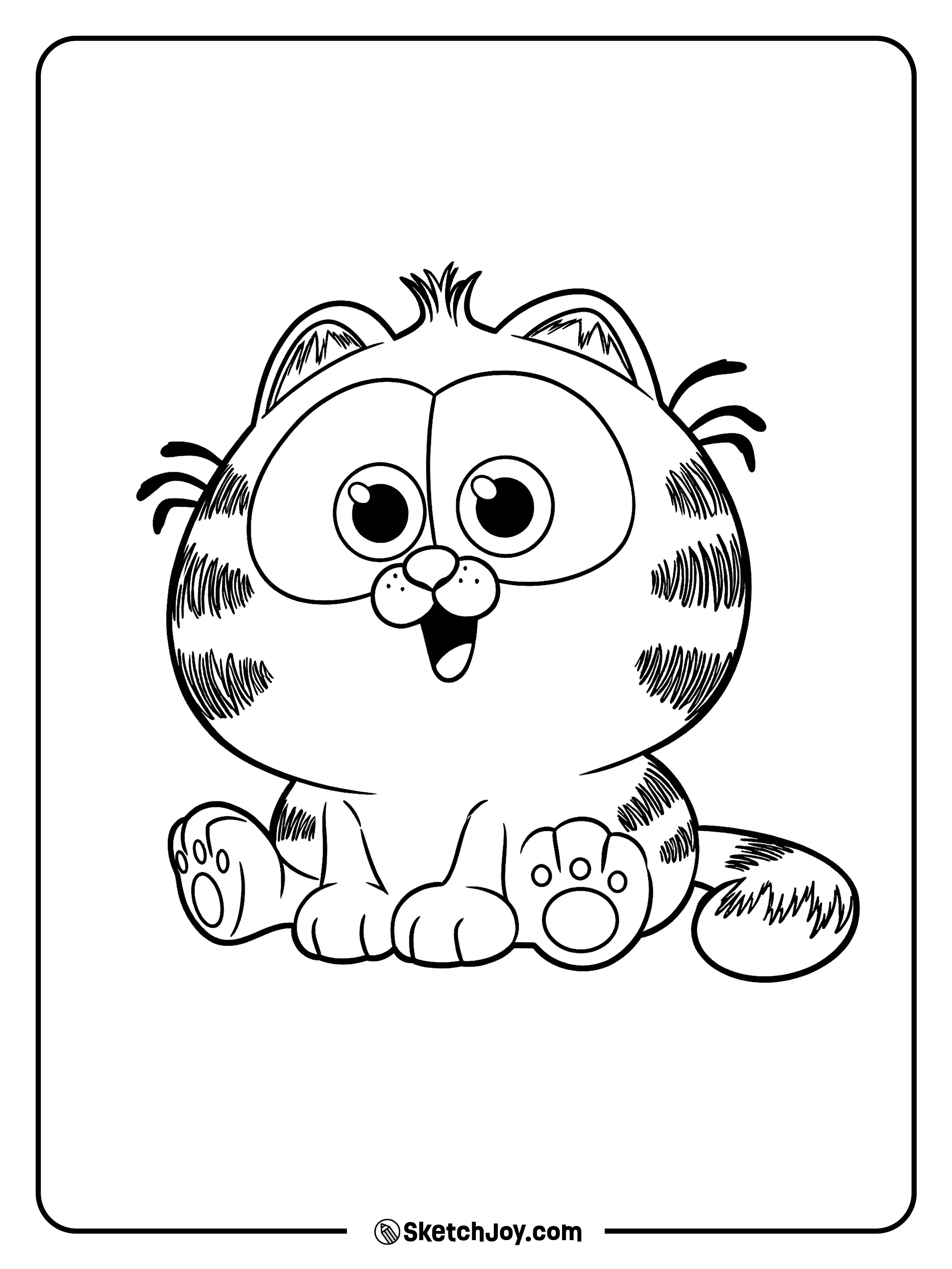 A cute chubby kitten version sits with wide happy eyes.