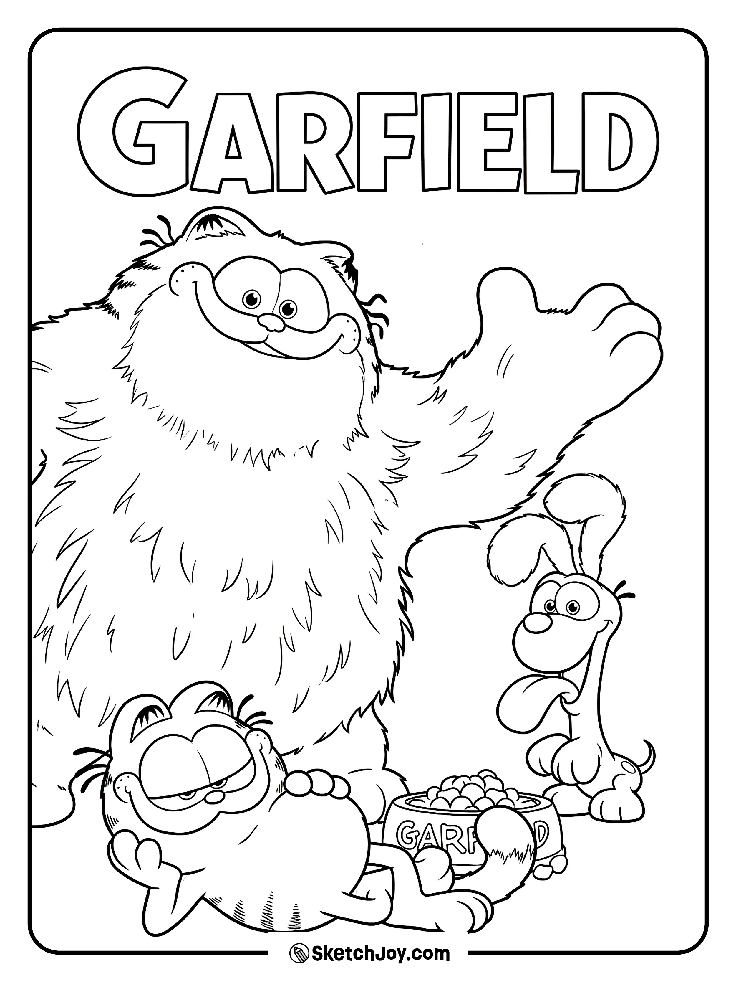Garfield chills while Odie smiles next to a huge fluffy pal.