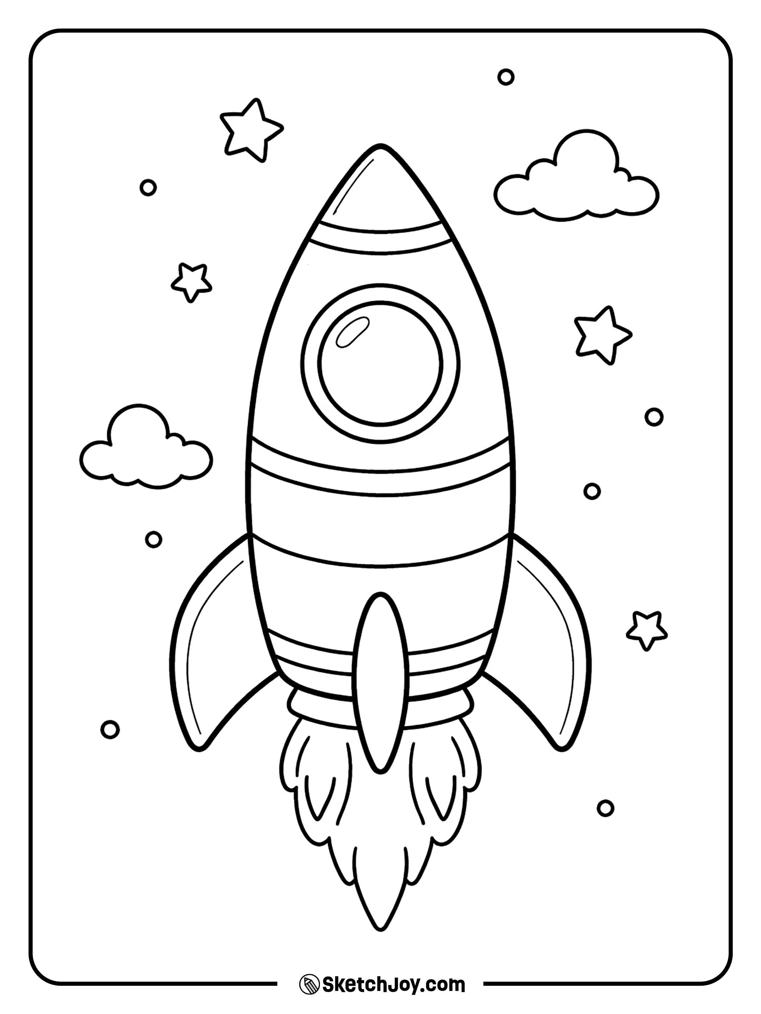 A space craft has one big window and simple stripe bands.