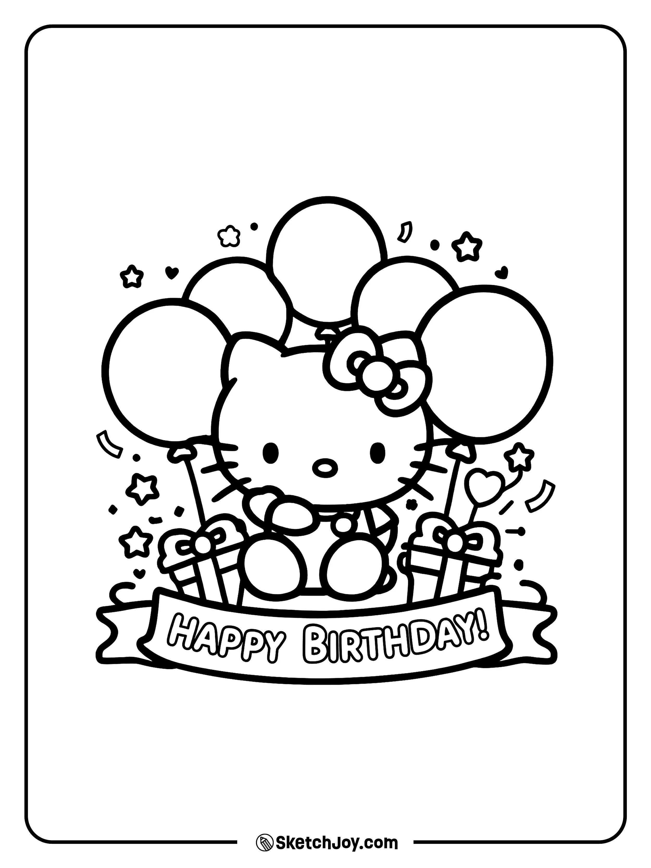 Hello Kitty celebrates with balloons and presents.