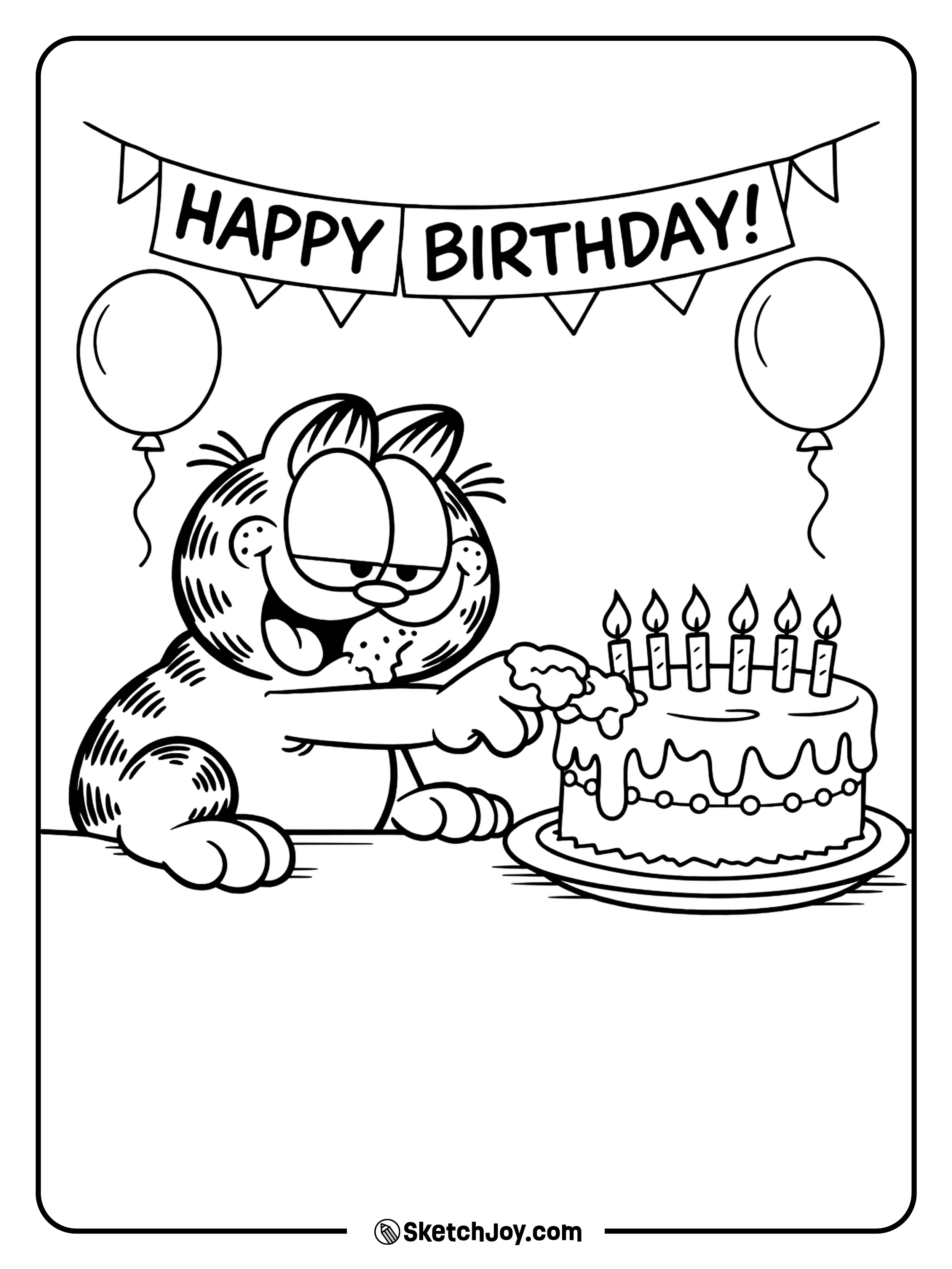 Garfield sneaks a finger swipe of frosting from a cake.