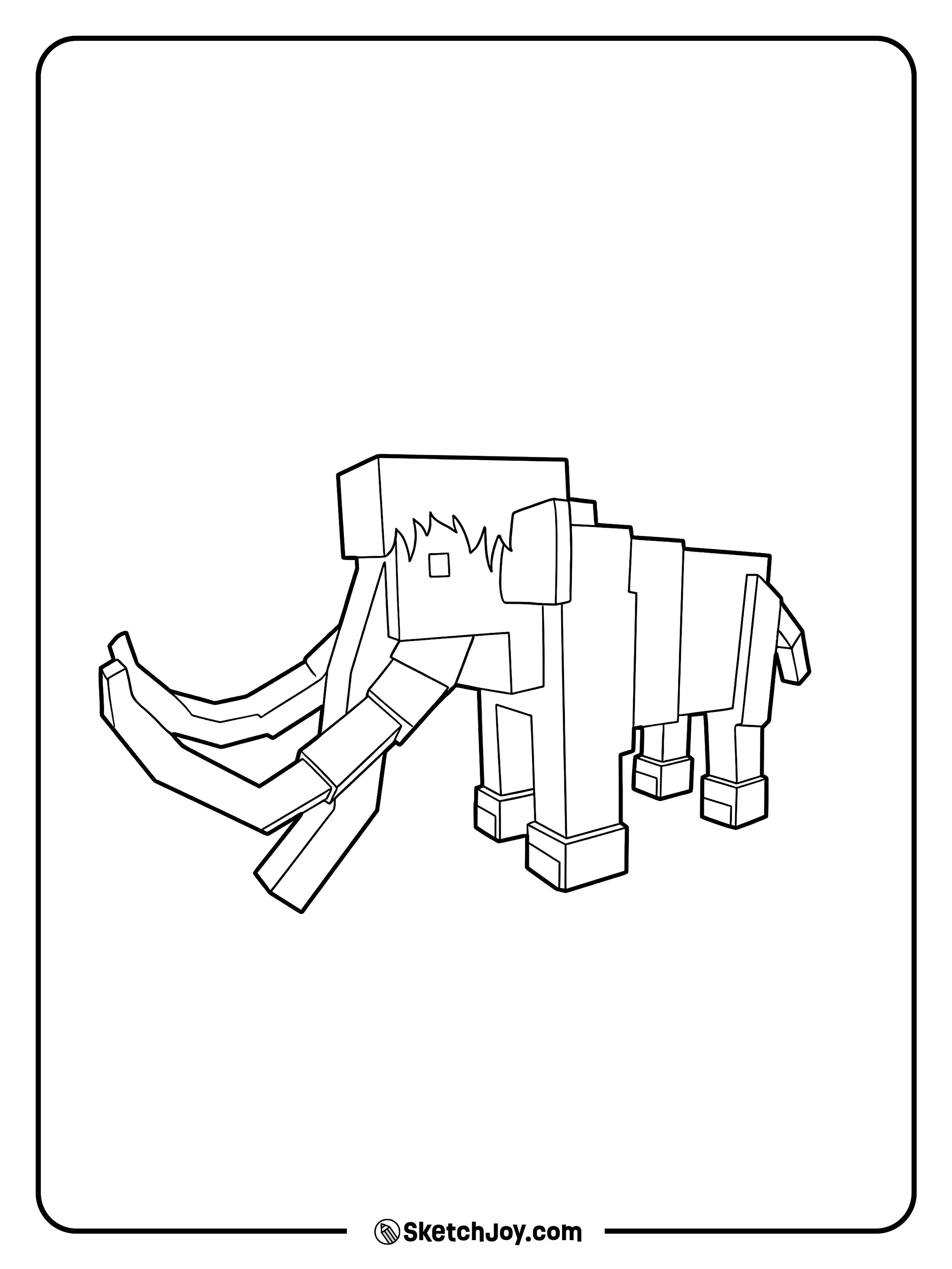 A blocky mammoth stands with long, curved tusks.