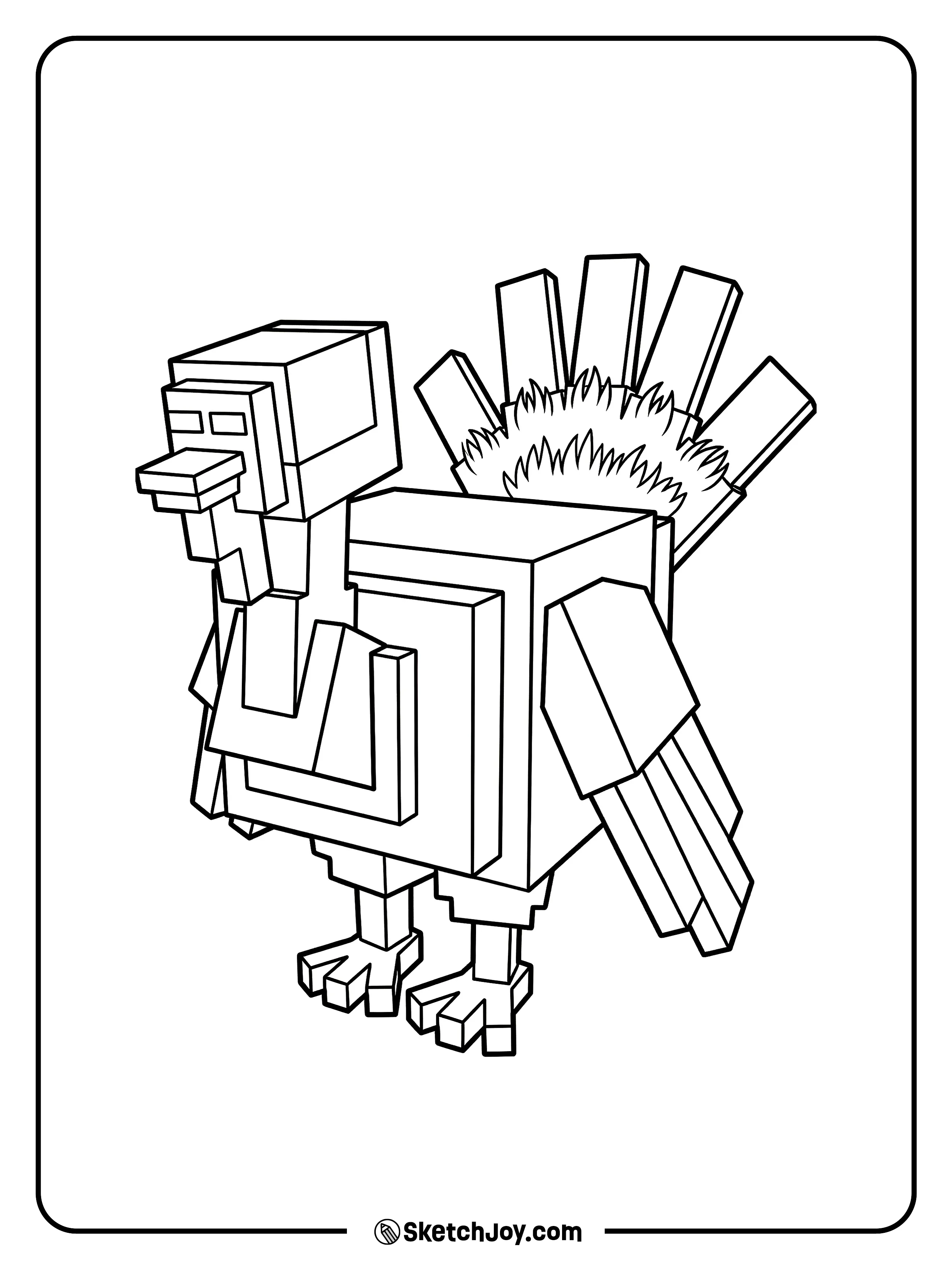 A blocky turkey stands with its tail feathers fanned out.