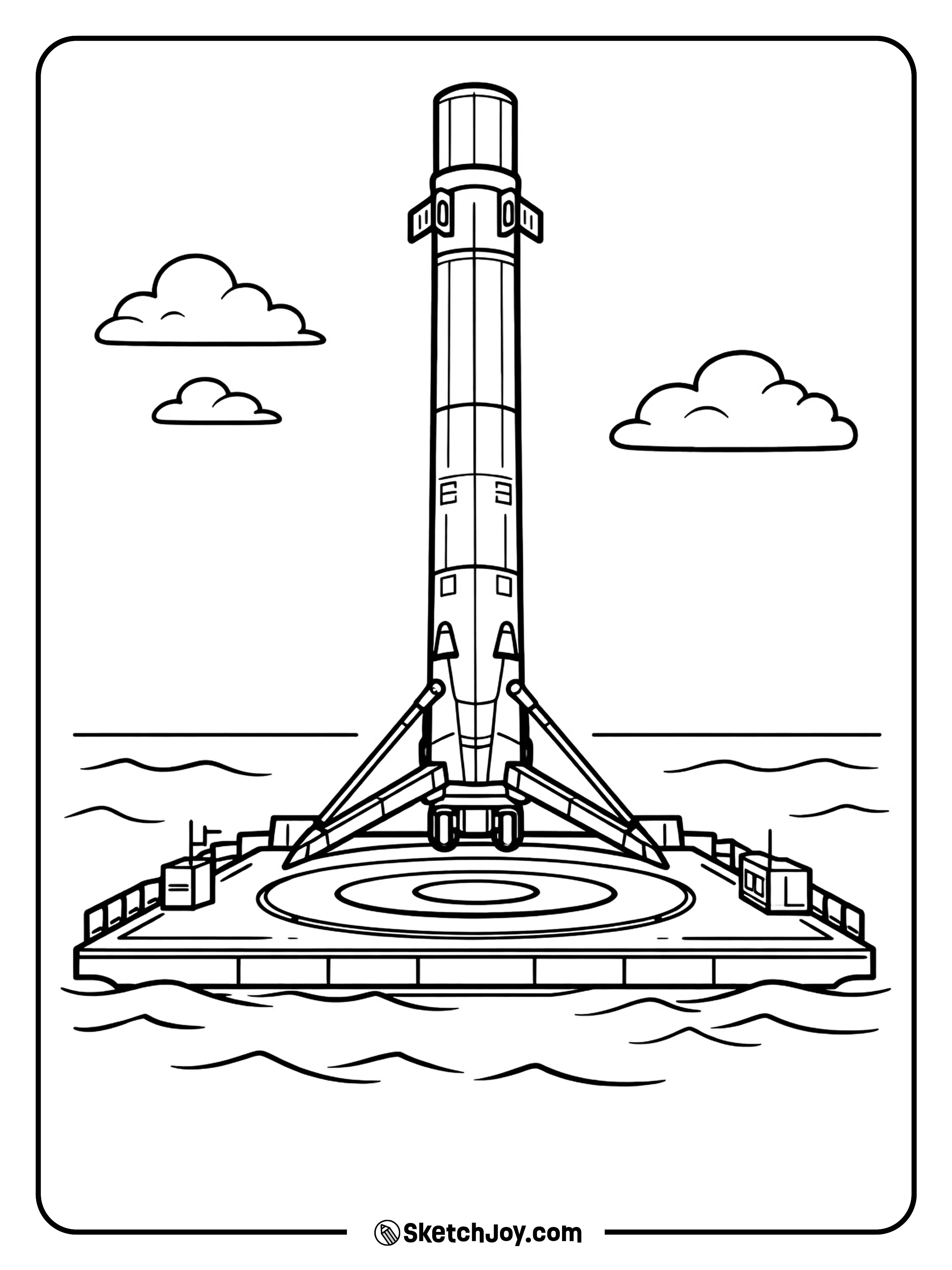 A booster lands on a platform with simple waves.