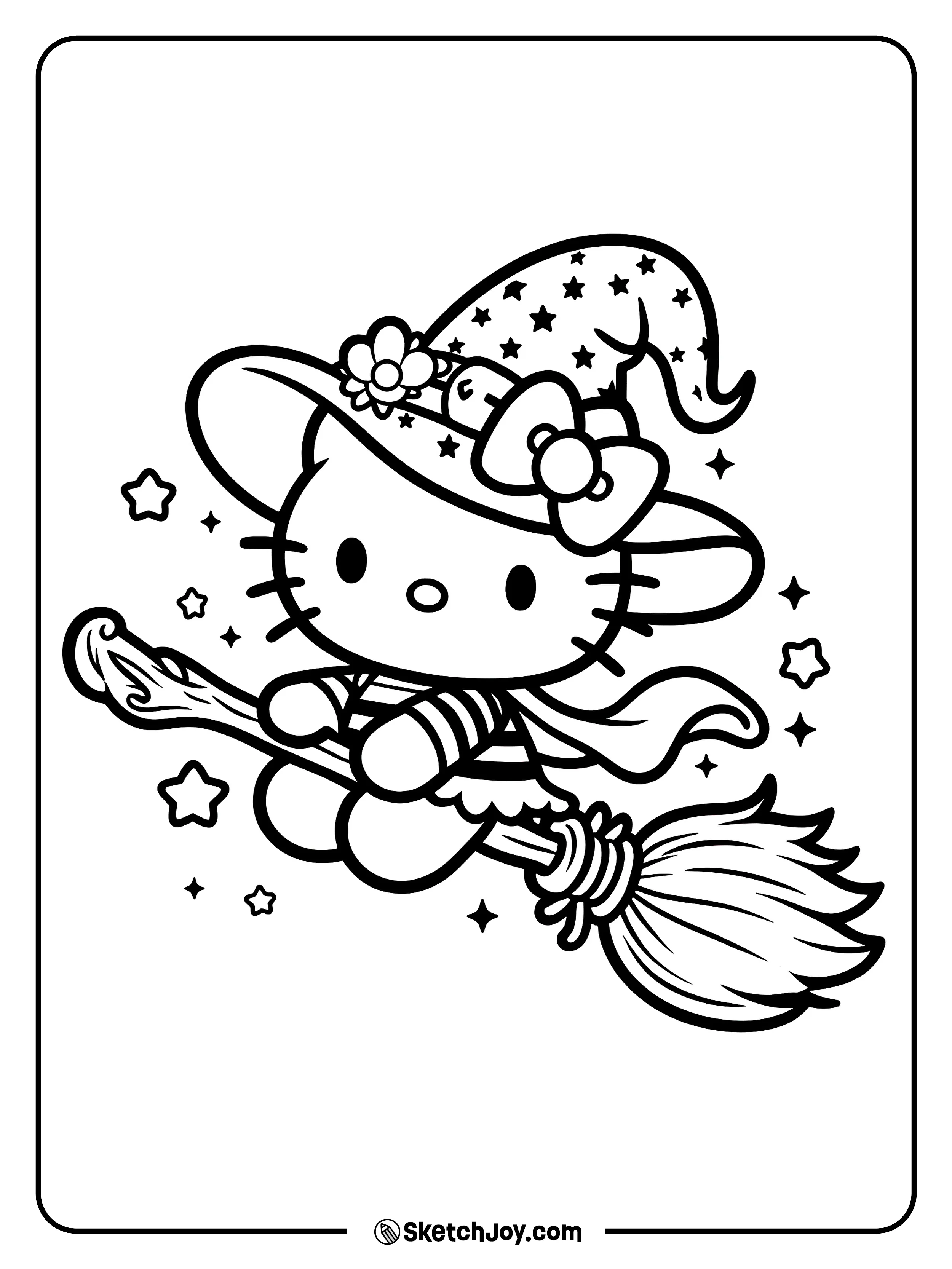 Hello Kitty flies on a broom with a witch hat and star shapes all around.