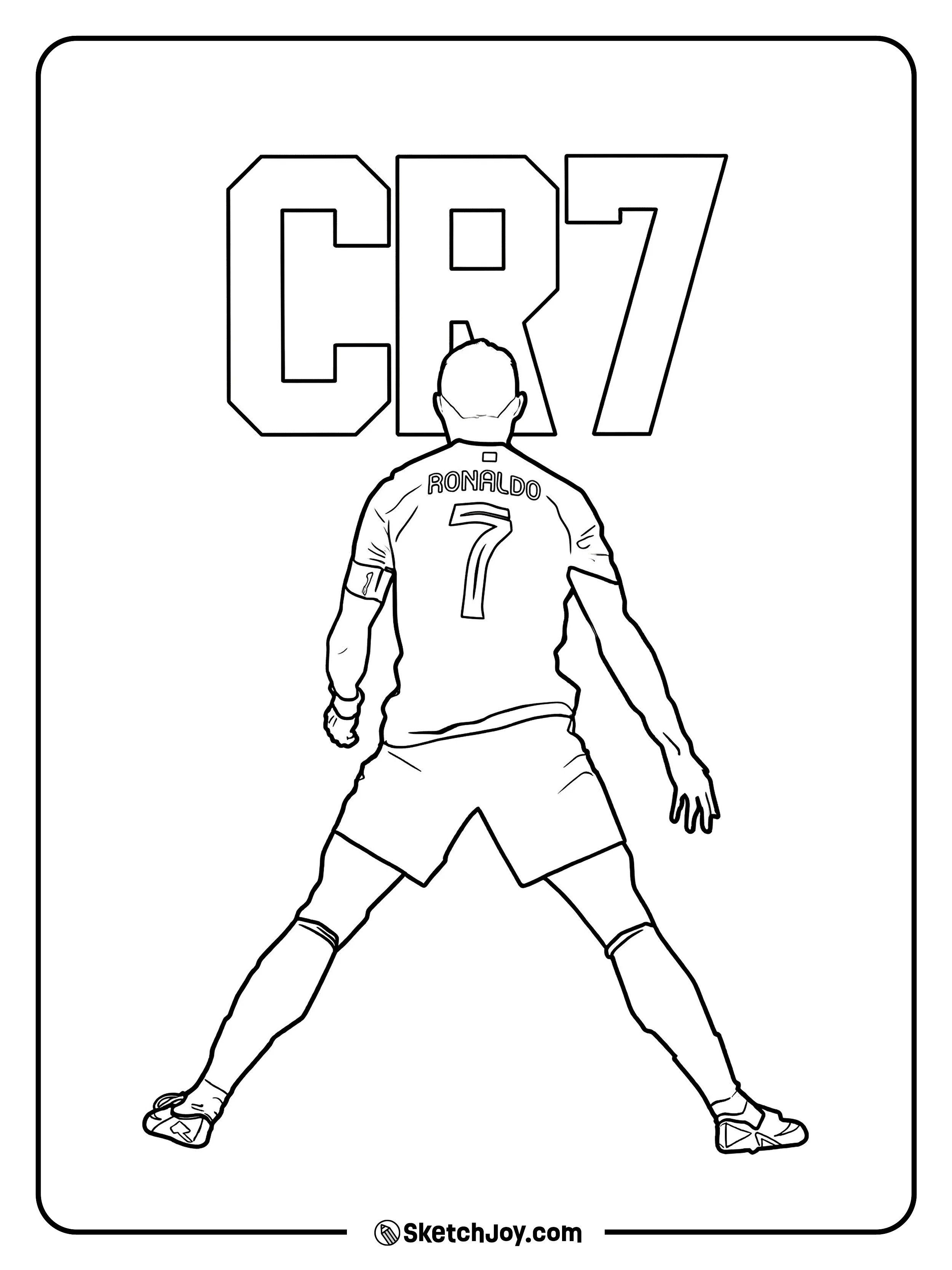 A bold CR7 back view silhouette with big letters for easy coloring.