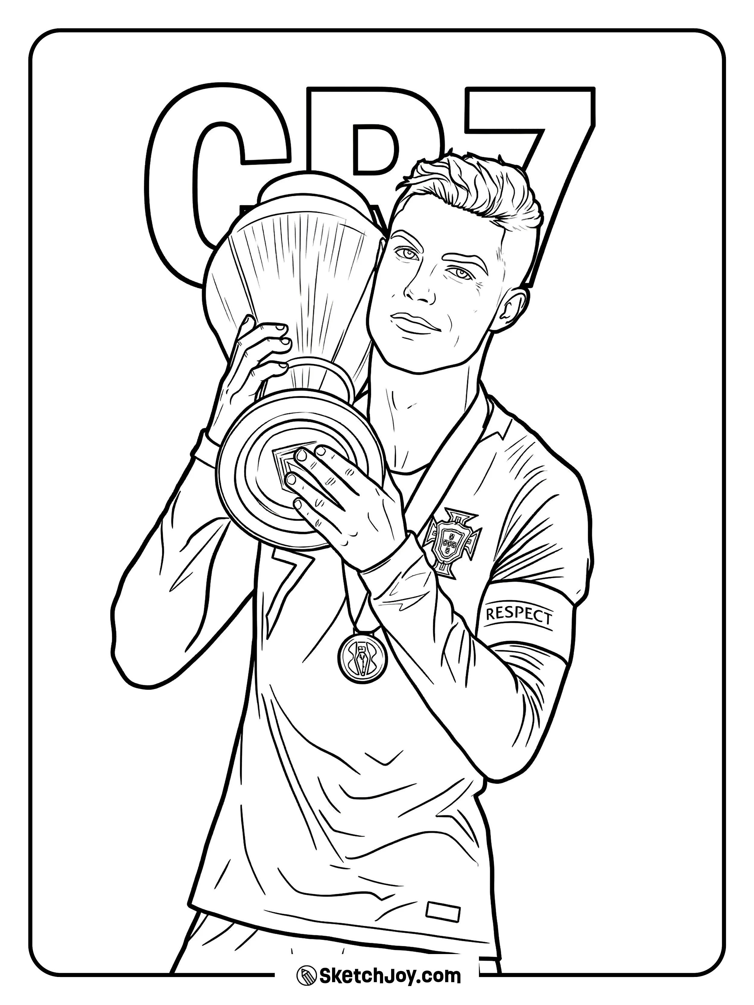 Cristiano holds a big cup with CR7 text in the background.