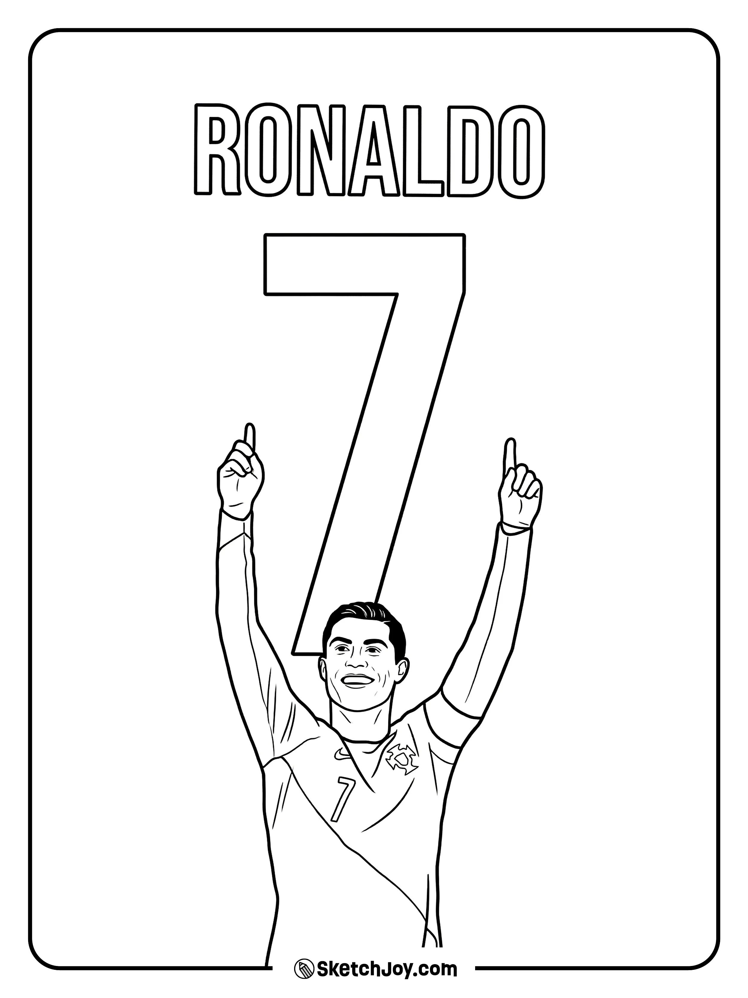 Cristiano points to the sky with a huge number 7 behind him.