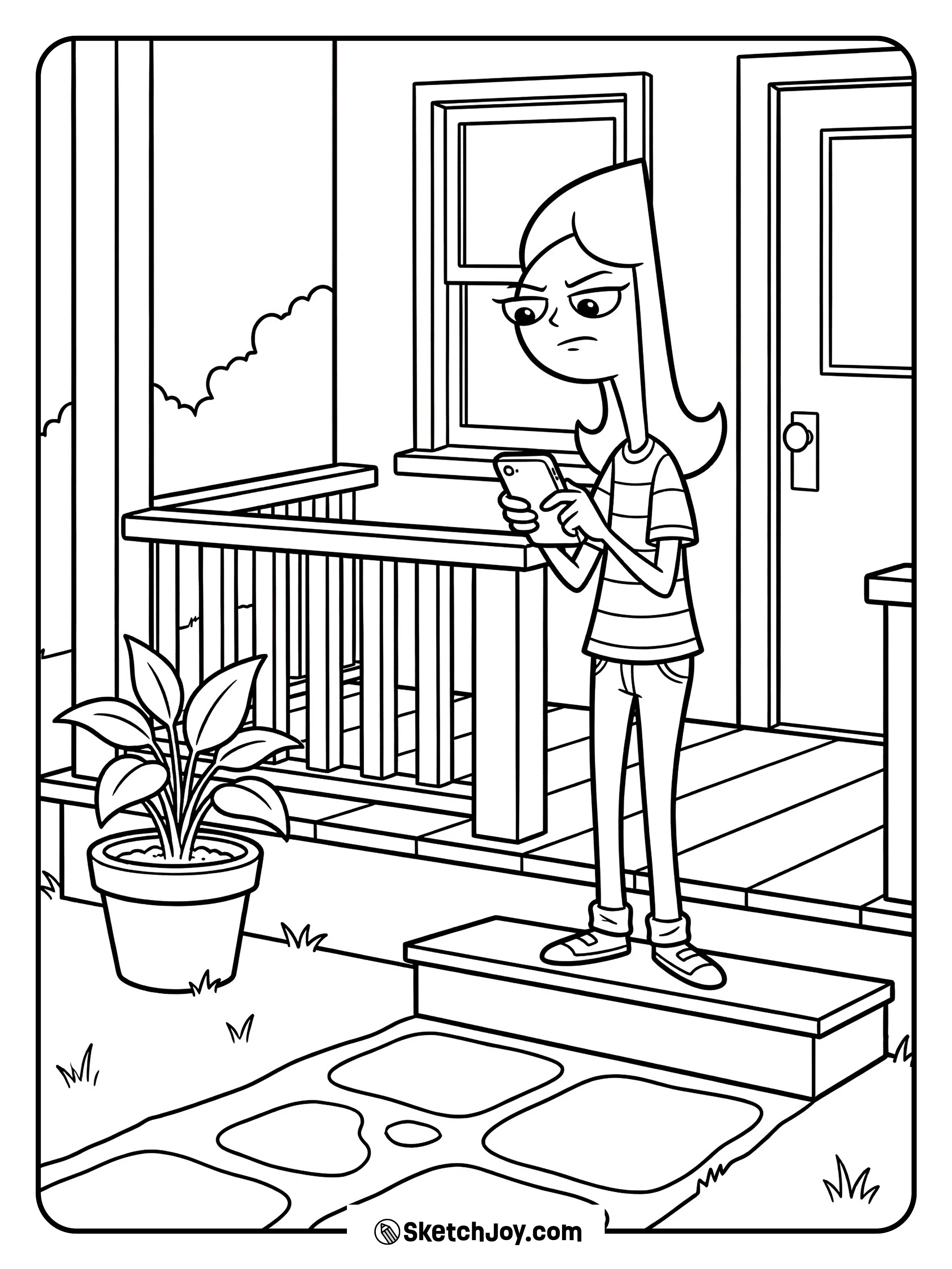 Candace talks on her phone on the porch while the yard looks calm.