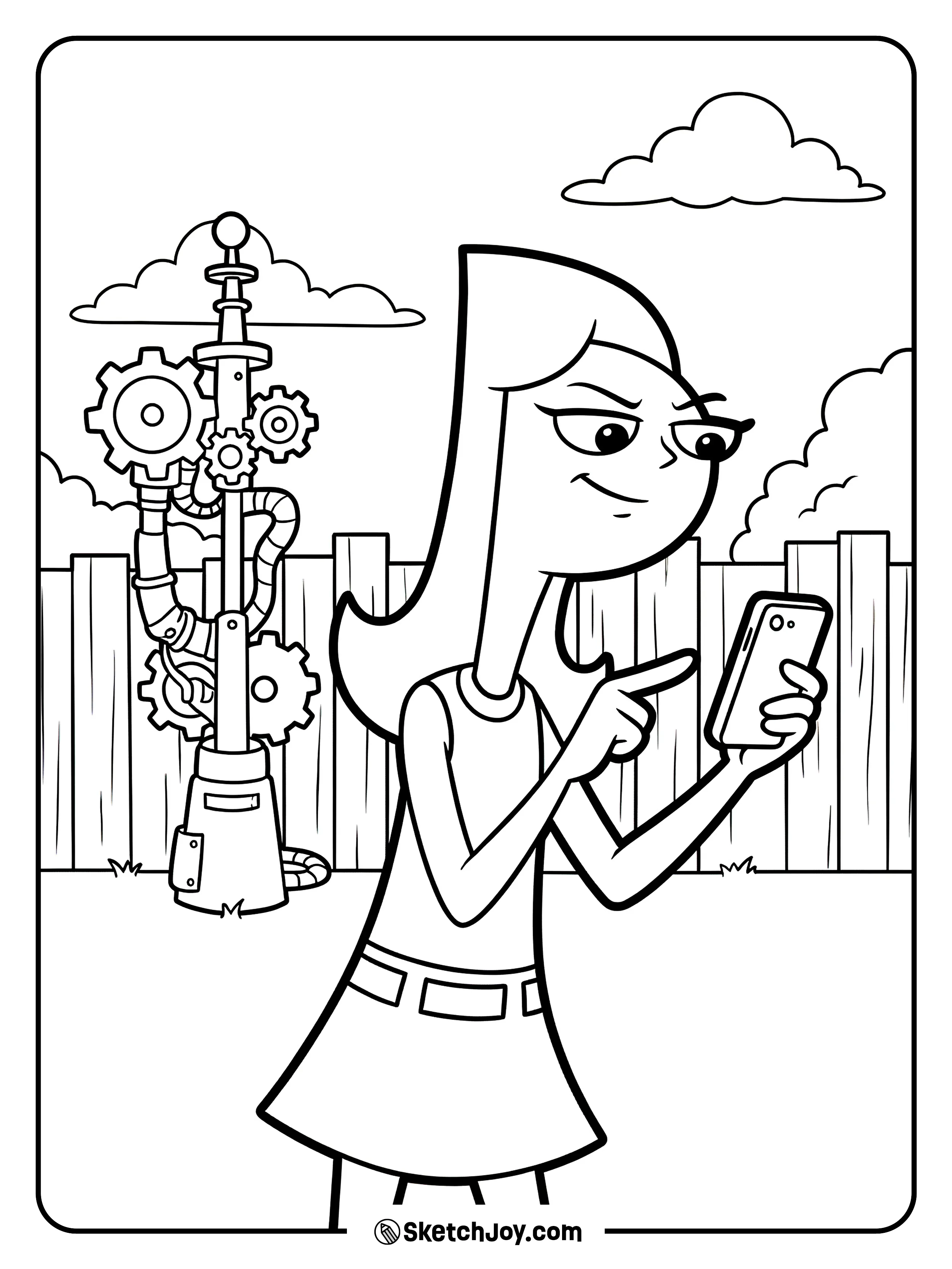 Candace points at the backyard build with a shocked look.